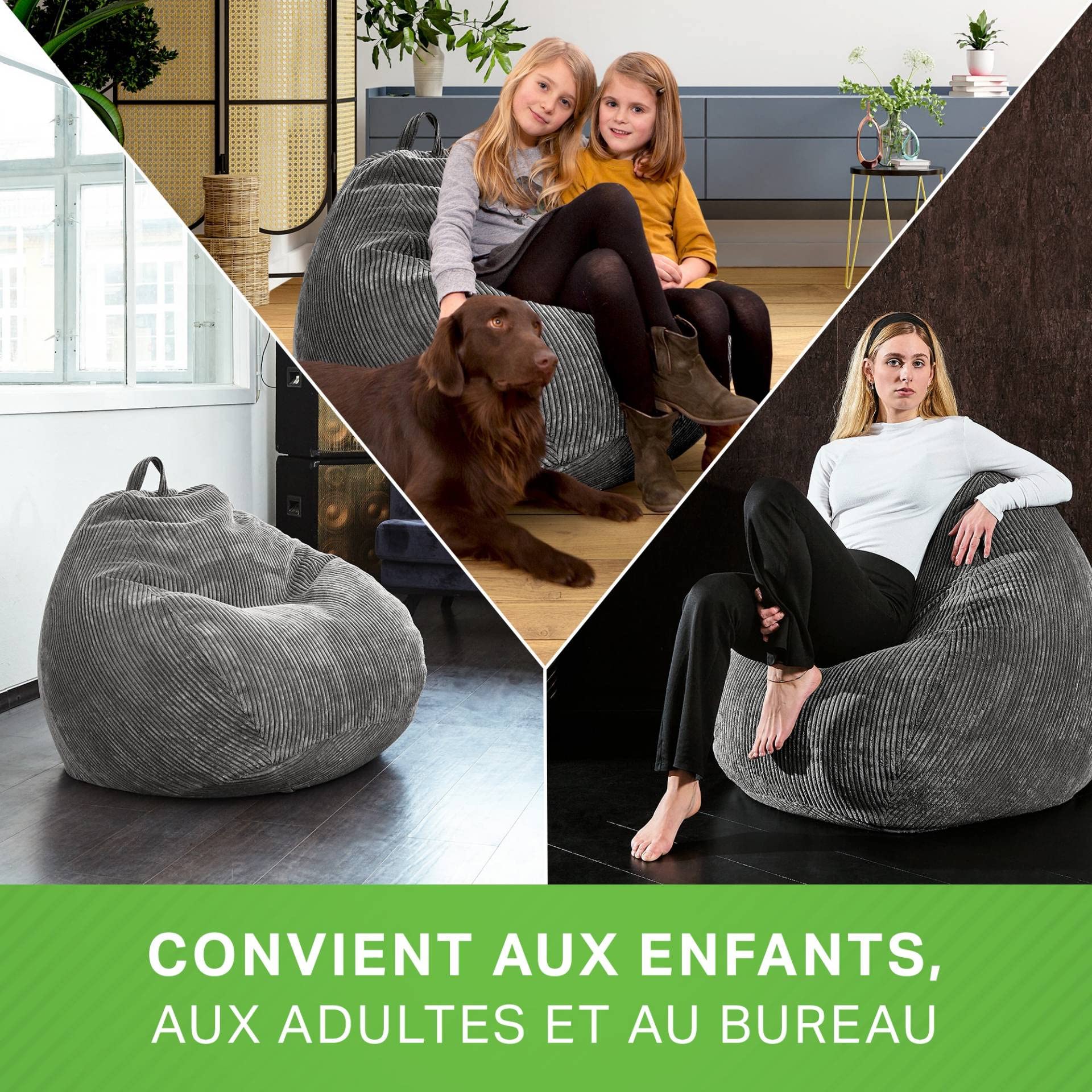 Green Bean© Pouf d'Intérieur 90x110cm Remplissage de Perles EPS & Tissu en Velours Côtelé Doux Lavable - Intérieur Coussin Sol Siège Repos Tabouret Chaise Fauteuil Relax Enfants Adultes Tissu Gris