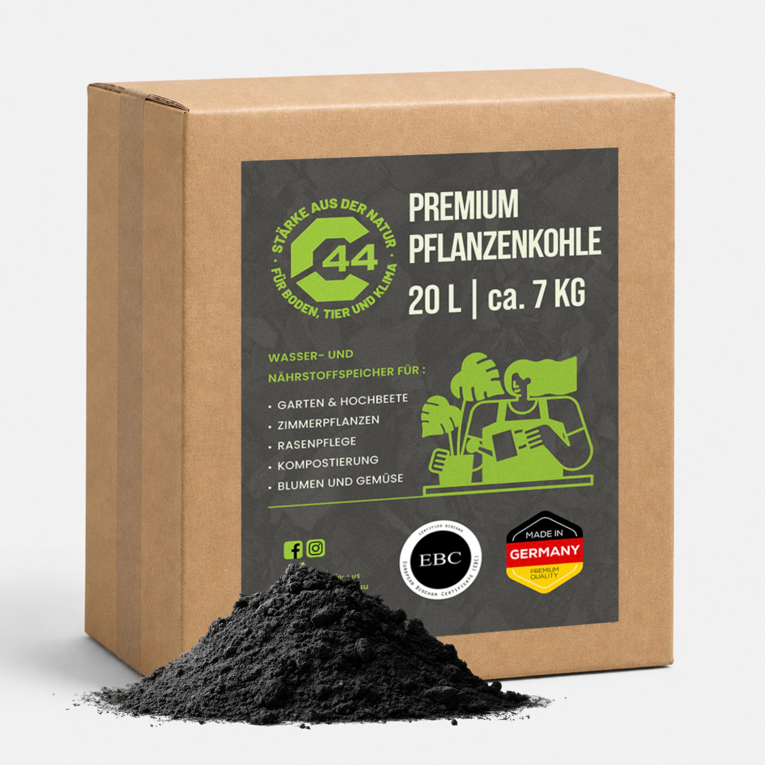 C44-20L Premium Pflanzenkohle - EBC-zertifiziertes Biochar für Garten, Rasen & Hochbeet - Basis für Terra Preta - Hochporöser Bodenverbesserer & Nährstoffspeicher