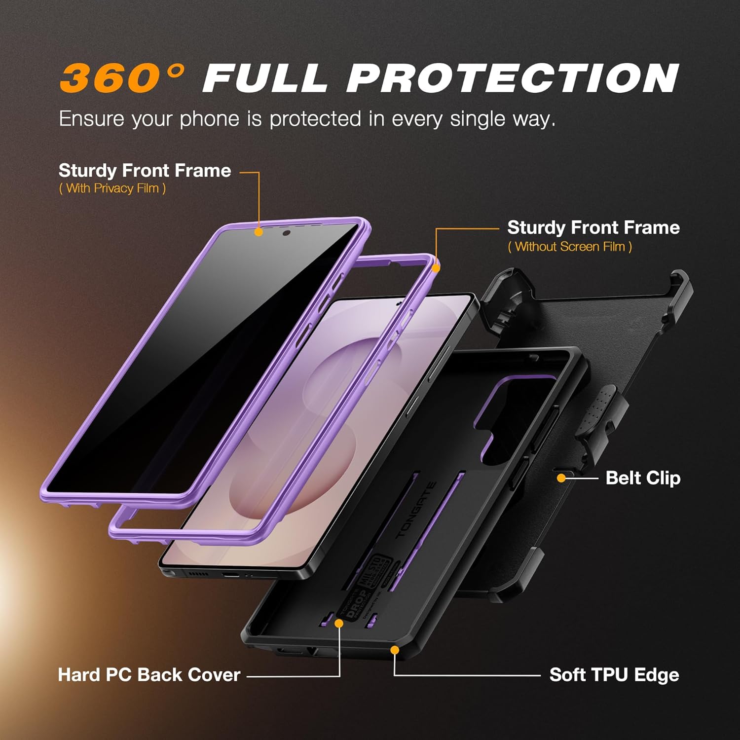 TONGATE for Samsung Galaxy S25 Ultra Case, [with Privacy Screen Protector & Slide Camera Cover] [2 Front Frames] Full-Body Heavy Duty S25 Ultra Case with Stand & Belt Clip Holster, Purple Privacy