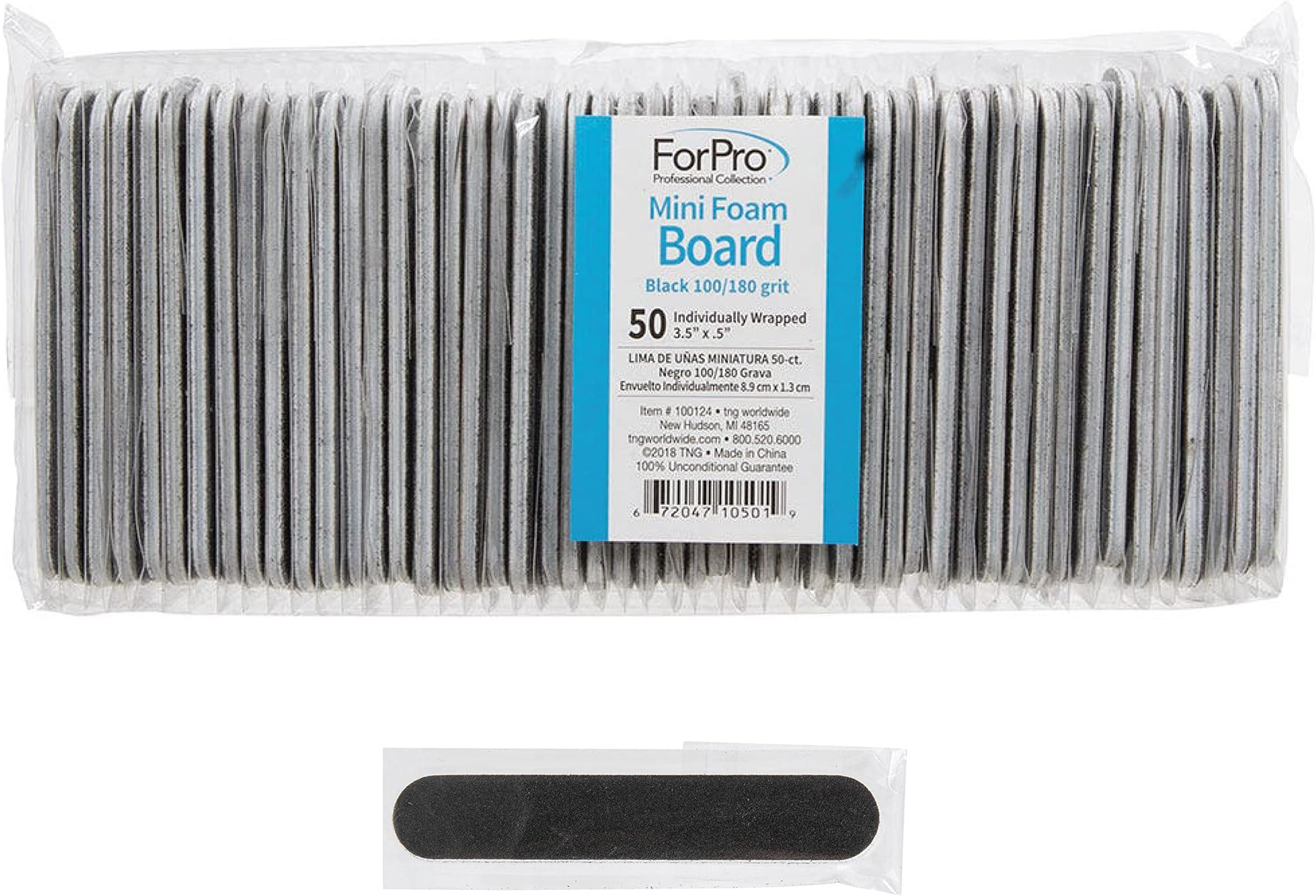 ForPro Professional Collection ForPro Mini Foam Board, Black, 100/180 Grit, Double-Sided Manicure Nail File, Individually-Wrapped, 3.5†L x .5†W, 50-Count
