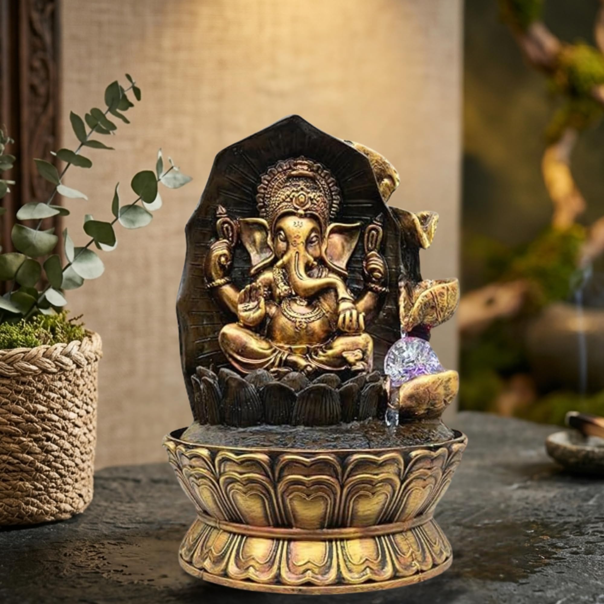 Polyresin Ganesha Water Fountain with LED Lighting, Golden Bronze Finish, Elegant Modern Design, 16 Inch Height, Home Office Garden Decor-image-36
