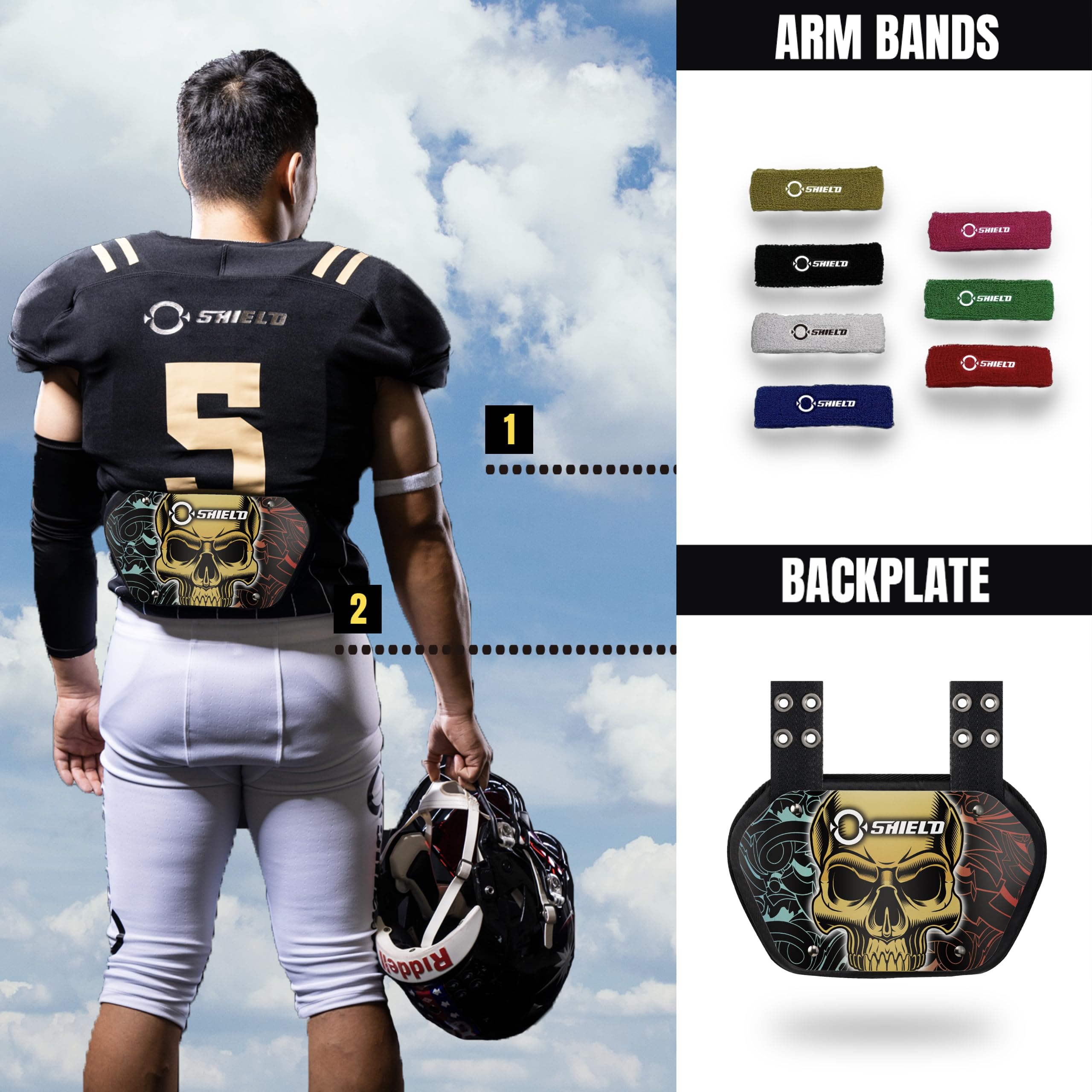 O Shield Power Skull - Placa trasera de fútbol, almohadillas de espalda baja para jugadores de fútbol, protector trasero, ajuste universal