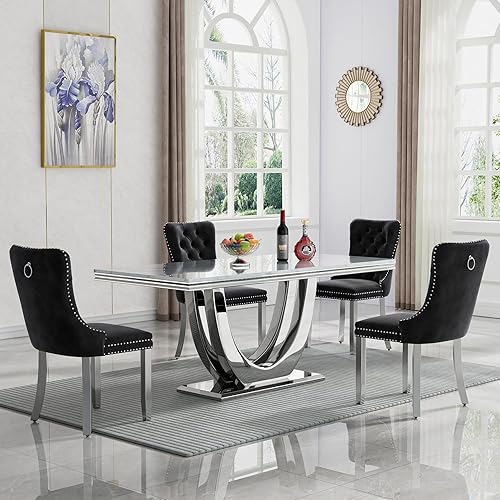 Miniatura 31 de Juego de mesa de comedor de mármol de 9 piezas para mesa de comedor grande de mármol blanco de 8 y 94 pulgadas con base de acero inoxidable en forma