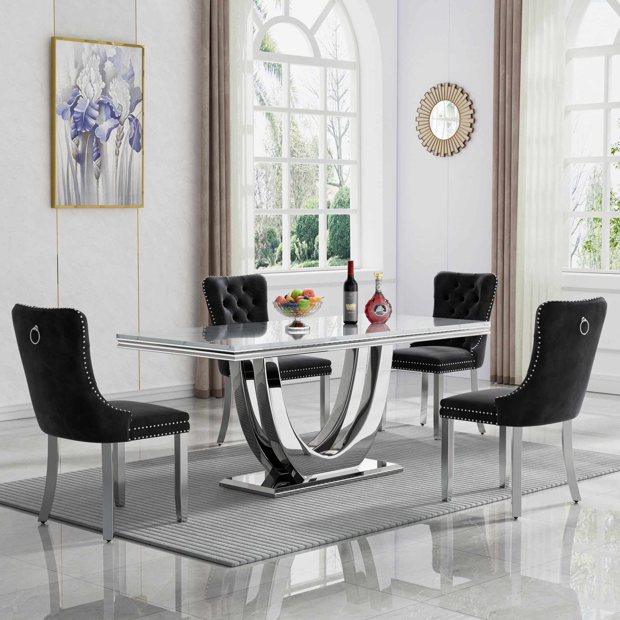 68" Marble Dining Table Set for 4, Luxury White Faux Marble Kitchen Table with 4 Black Velvet Dining Chairs Modern 5-Piece Dining Room Table Set for 4 w/Silver Stainless Steel Base