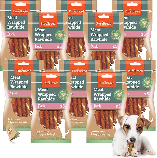 50pk PureBreed Twist Rawhide Sticks Duck Dog Treats | Duck Wrapped Dog Chews Toy | Low Fat, High In Protein Duck Dog Treats & Chews | Duck Rawhide Dog Chew | Chewy Twists with Duck Meat + SOL Notebook