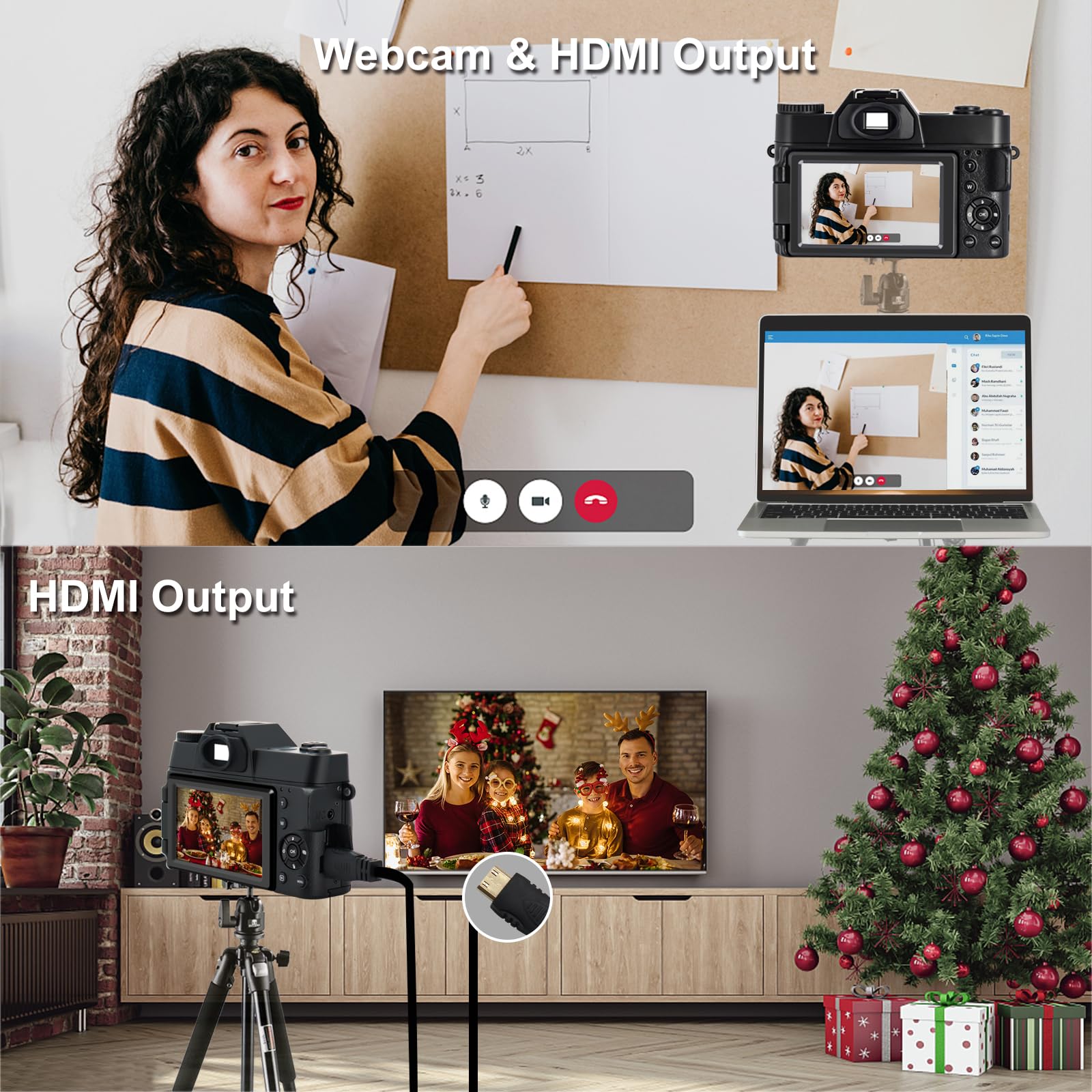 Appareil photo numérique 4K pour la photographie Zoom numérique 16x 48MP Caméras pour YouTube avec WiFi, caméra de vlogging avec objectif grand angle et 2 piles
