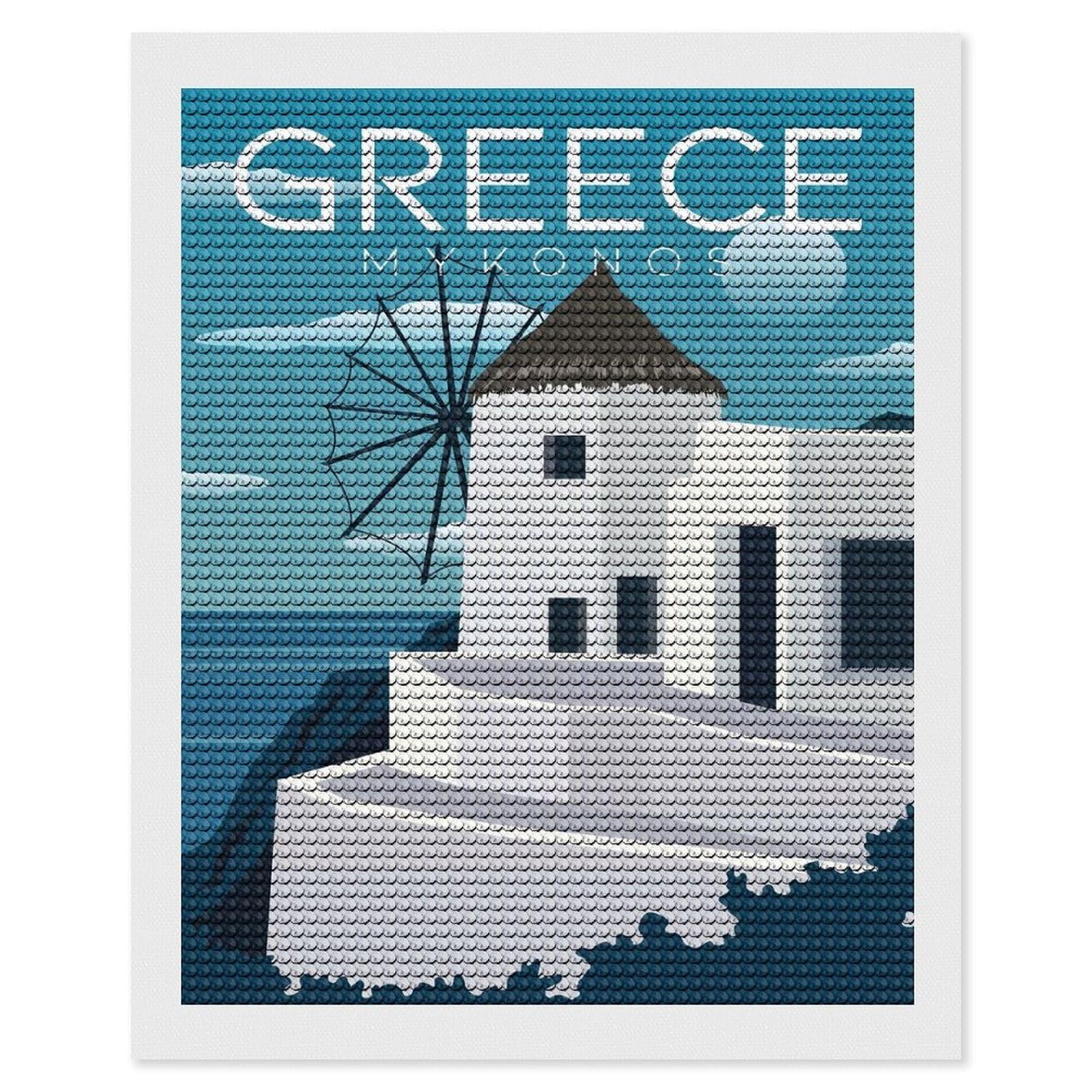 Junmoney Mykonos Windmill Greece DIY Diamond Art Canvas Kit 16"x20", Pleasing Wall Art Project, Easy Handmade Project, Living Room Decor