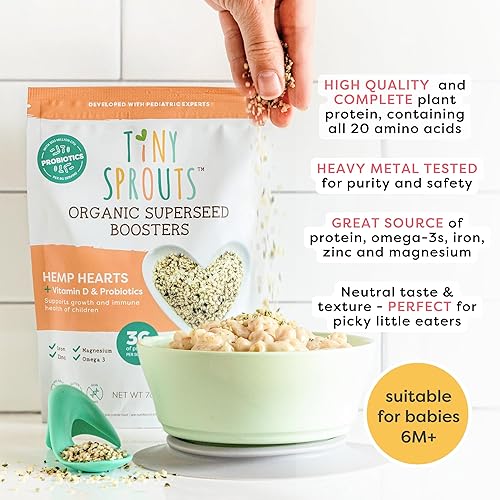 Miniatura 5 de Tiny Sprouts Corazones de cáñamo orgánico regenerativo + probiótico de porción completa + vitamina D3 I potenciador de semillas de cáñamo para bebés