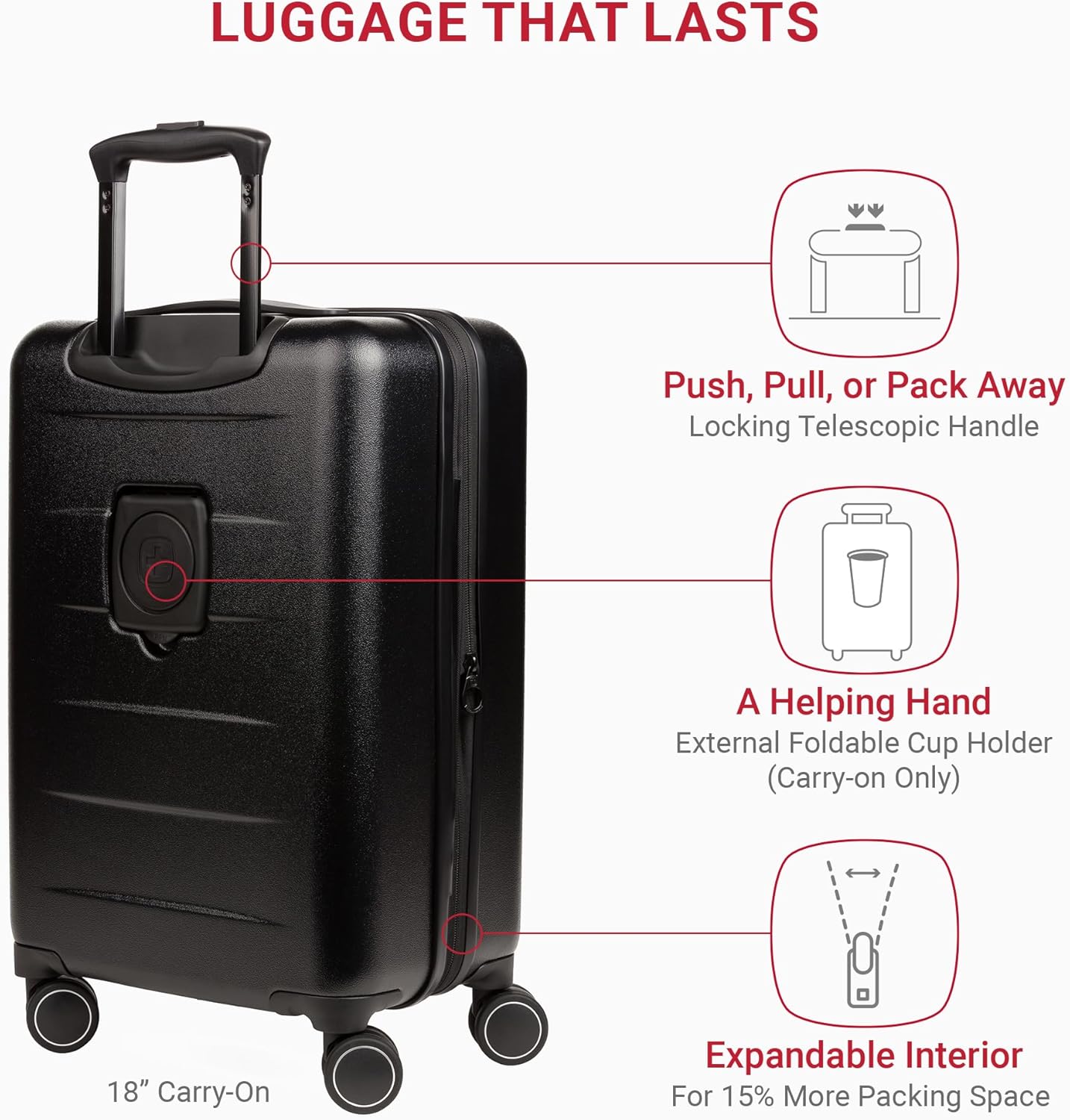 SwissGear 8020 Eclipse Hardside Expandable Luggage with Spinner Wheels, Black, 3-Piece Set (18/24/27) - Image 2