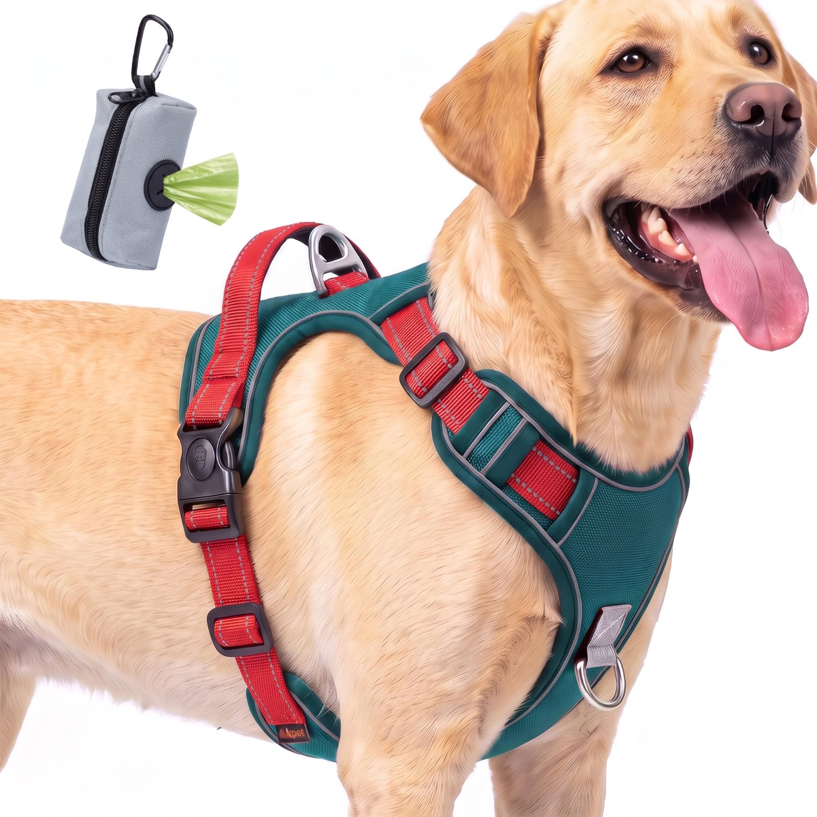 FYY Dog Harness No Pull, Escape Proof Adjustable Pet Vest, Reflective Choke Free Harness With Easy Control Padded Handle for Small Medium Large Dogs Walking and Training L-Teal+Red