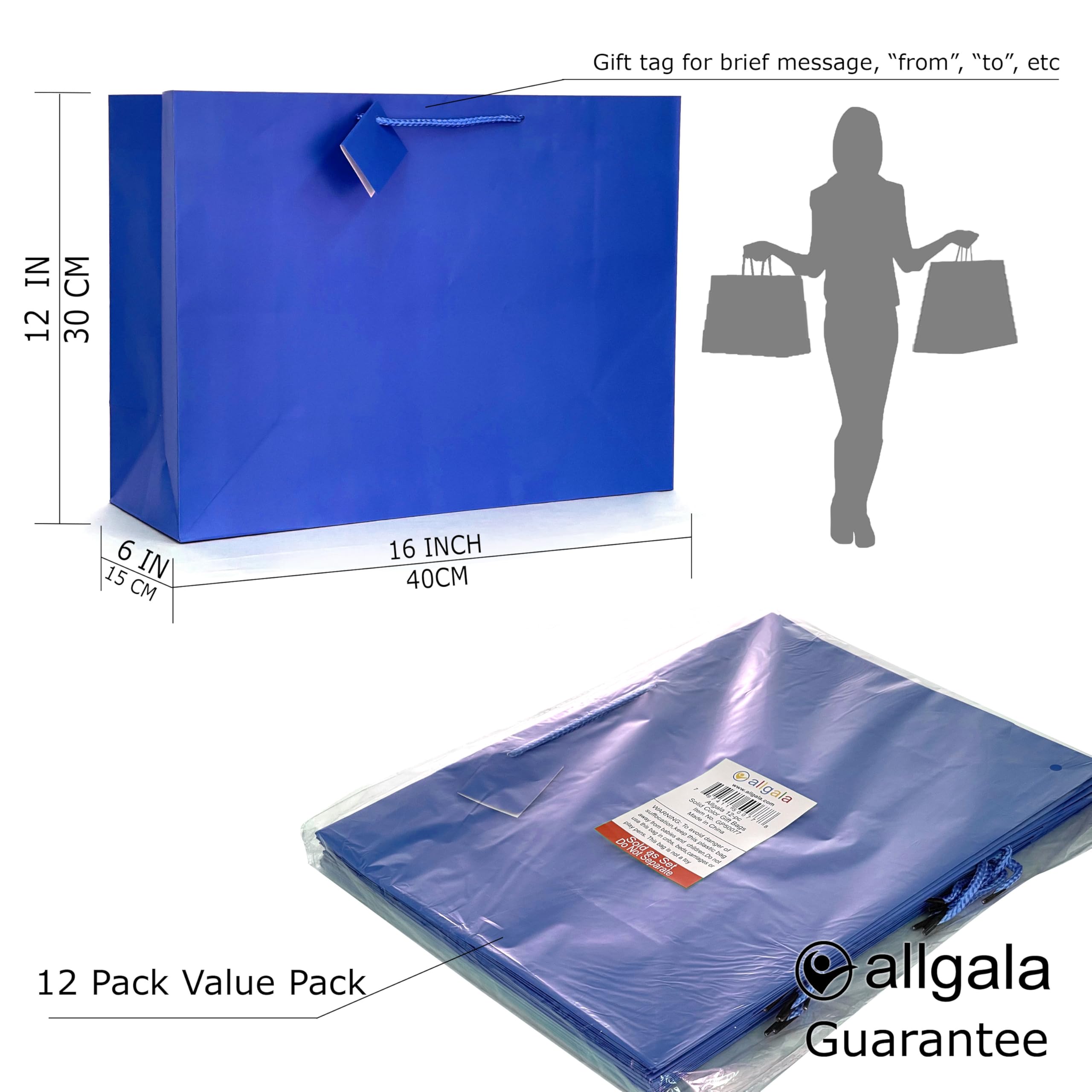 allgala Torby na prezenty, 12 sztuk 40 x 30 x 15 cm, bardzo szeroka torba Vogue, ciemnoniebieska torba na prezenty z uchwytami, na urodziny, ślub, artykuły imprezowe, baby shower, święta, Boże
