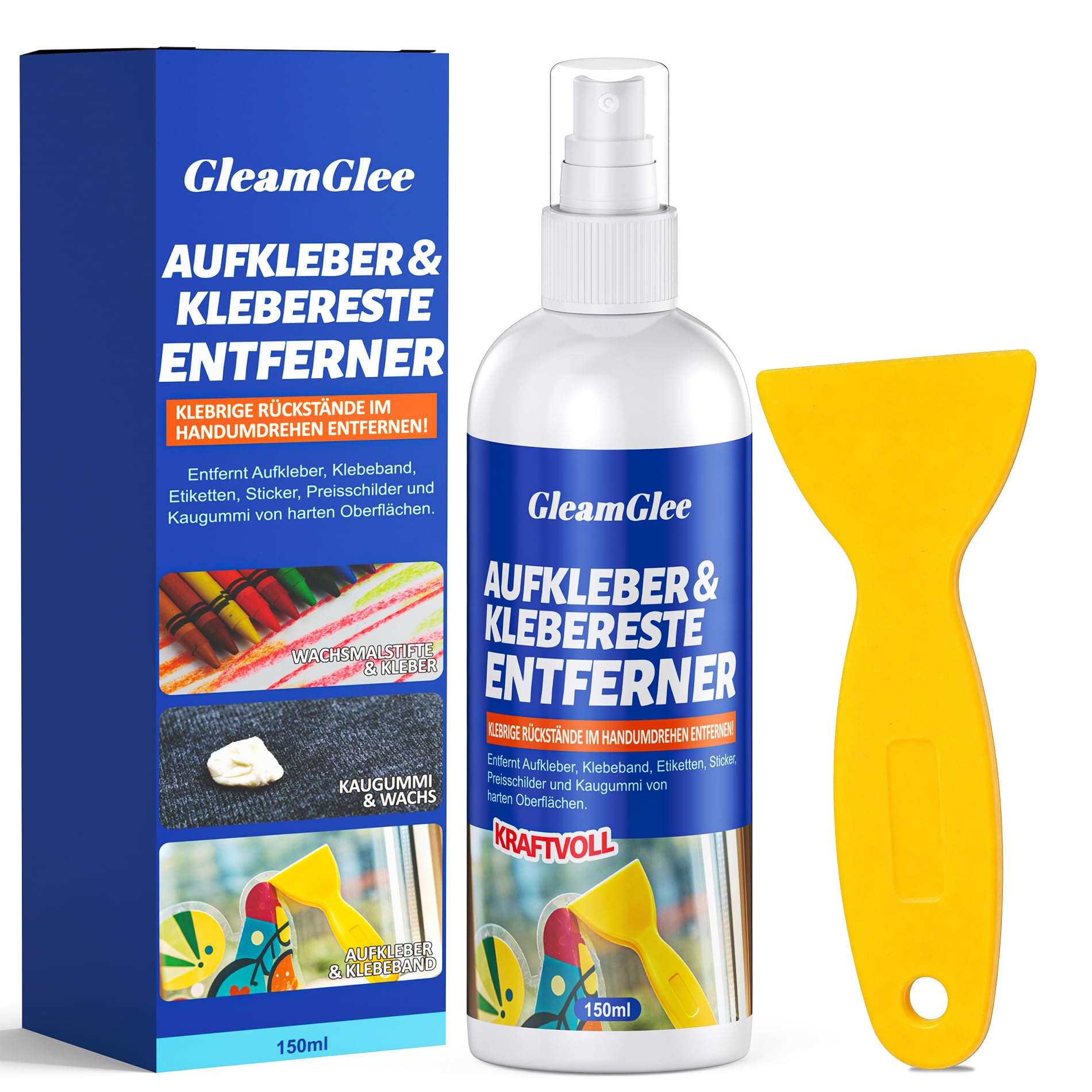 Klebstoffentferner Spray 150 ml – Profi Klebereste & Etikettenentferner für Aufkleber, Silikon, Fett, Harz & Wachsrückstände – Geeignet für Glas, Metall, Kunststoff, Holz – mit Schaber