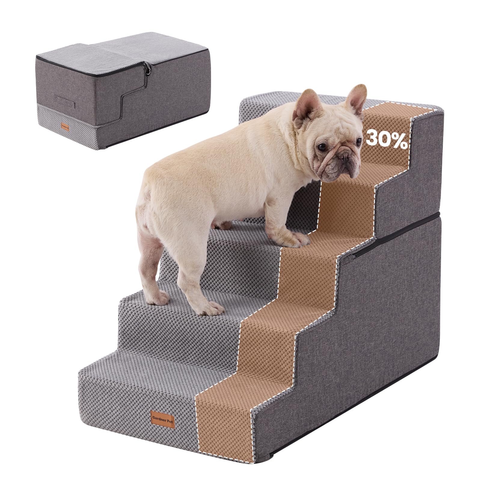 Gardner Pet Scala per Cani Piccola, Scala per Animali Domestici a 5 Gradini, Rampe in Schiuma ad Alta Densità con Rivestimento Impermeabile e Antiscivolo, per Letto, Divano, Poltrona e Auto, Grigio