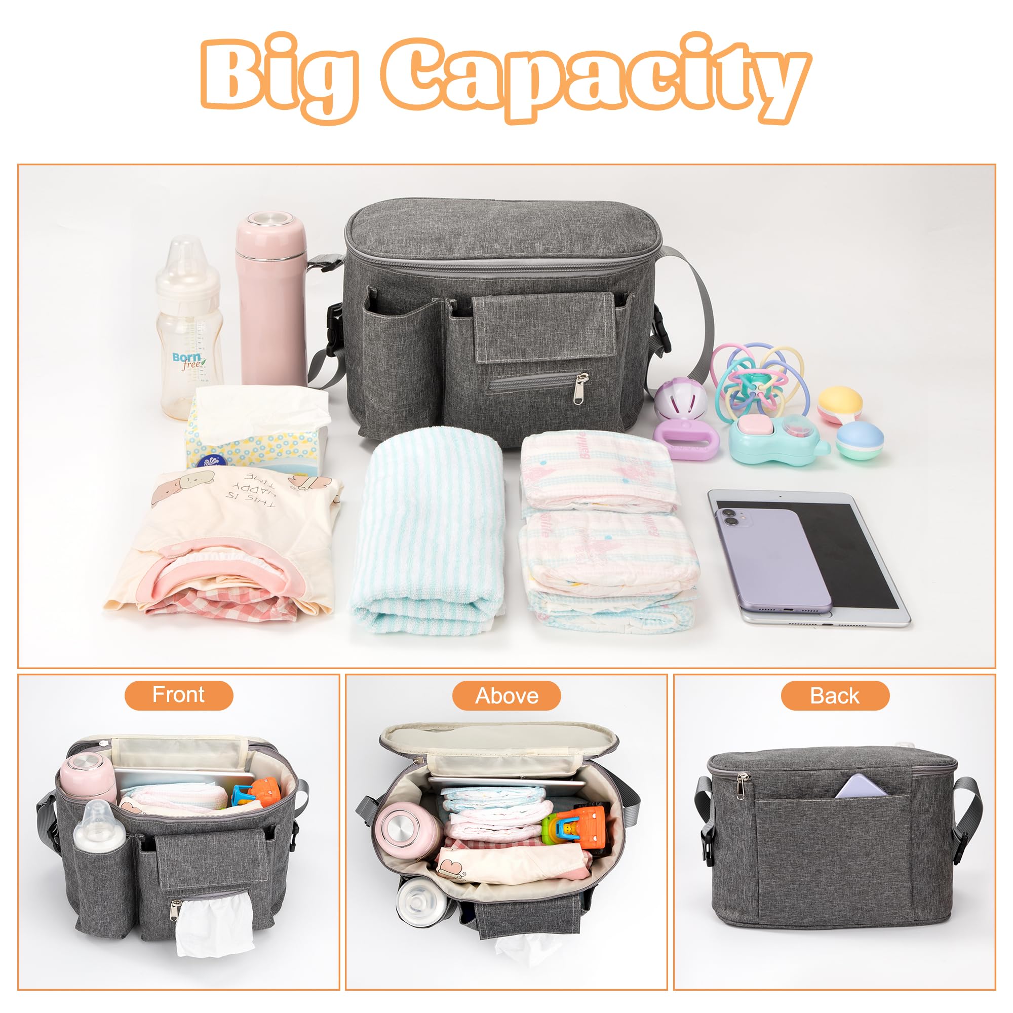 Borsa Organizer per Passeggino Universale con 3 Portabicchieri Borsa Neonato Passeggino con Spallacci Regolabili per Biberon Pannolini Salviette Giocattoli