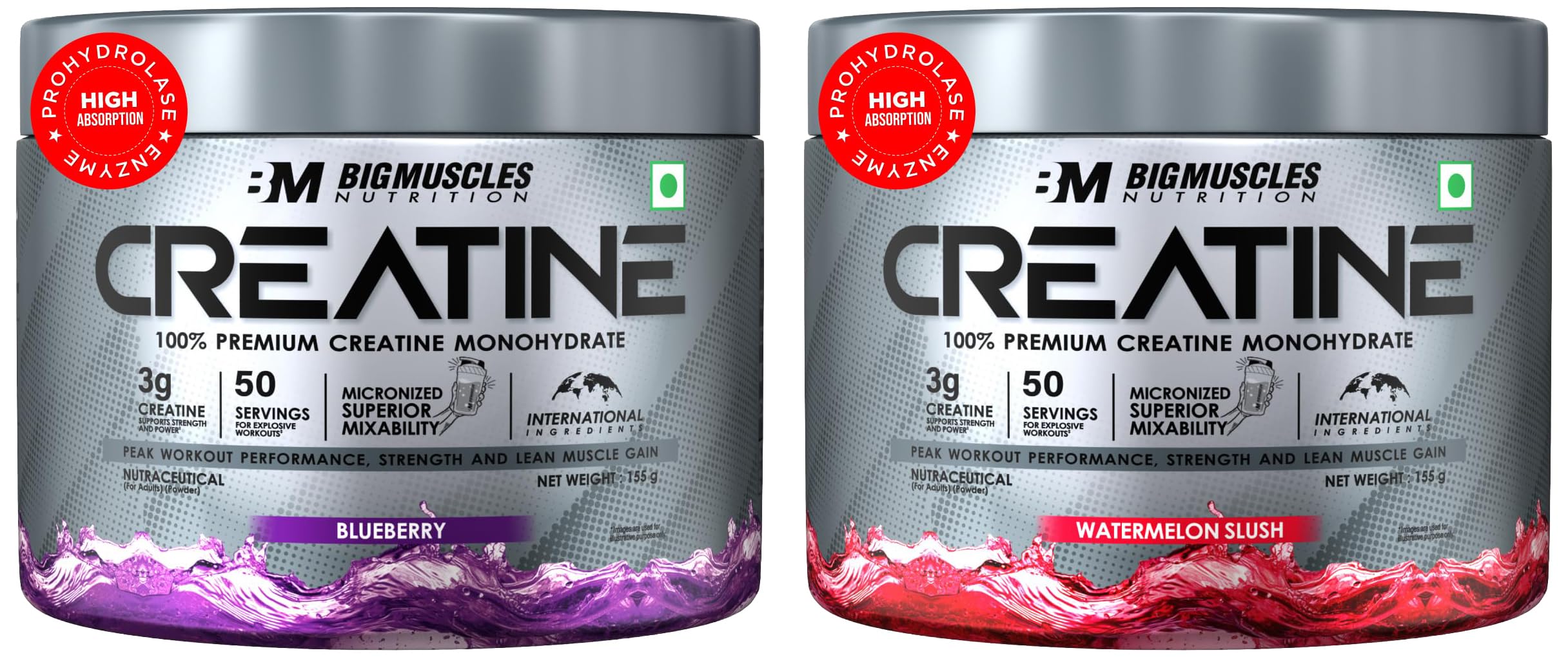 bigmuscles creatine 155g – blueberry | 50 servings | muscle recovery & strength & bigmuscles creatine 155g – watermelon slush | 50 servings | muscle recovery & strength