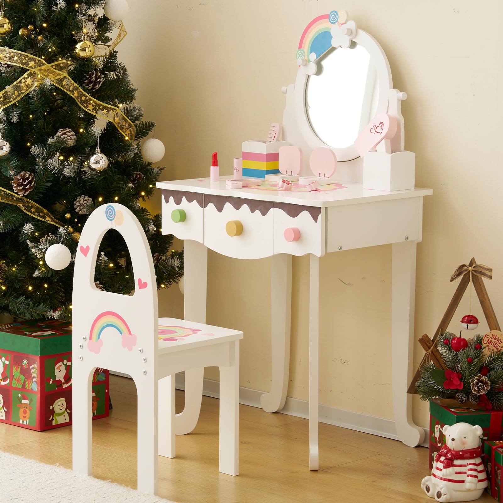 LALAHO Coiffeuse pour Enfants avec Miroir à Trois Volets, Tabouret et 7 Accessoires de Maquillage Jouet (Blanc)
