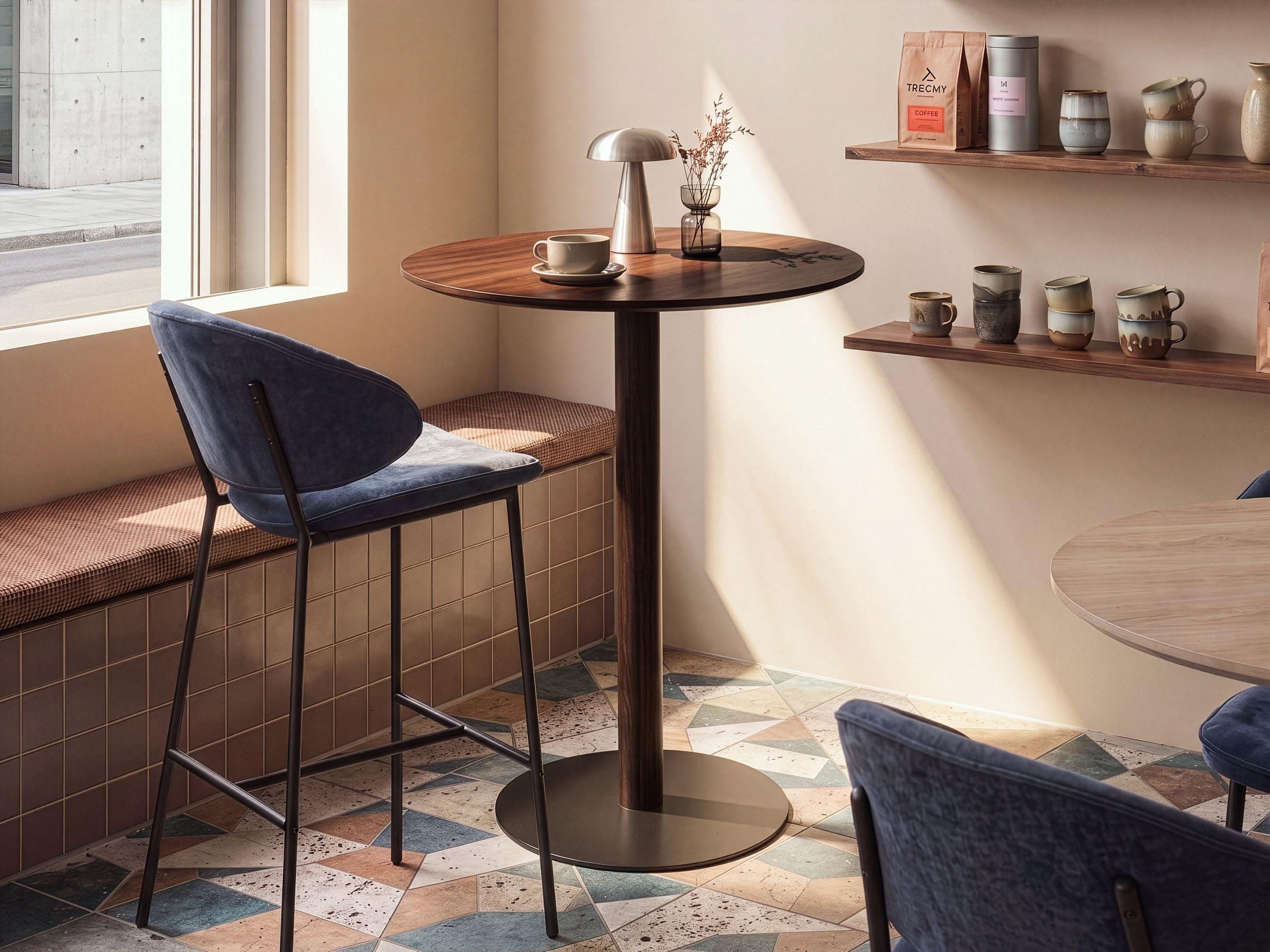 Nowoczesny stolik bistro okrągły blat MDF metalowa podstawa 80 x 80 cm ciemny brąz i czarny Morella