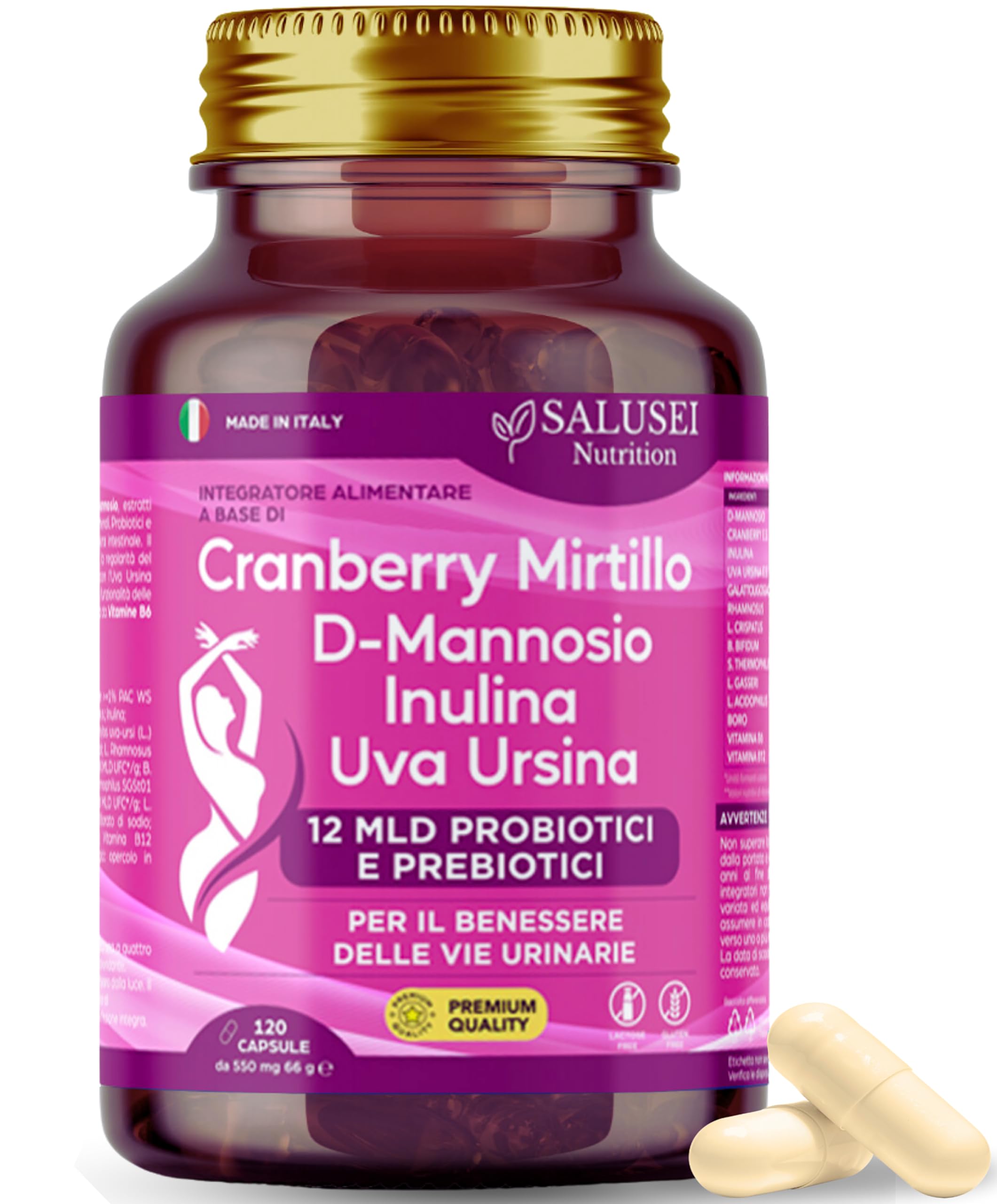 120 Capsules | D Mannose for Cystitis, Women's Probiotics, Cranberry Cyst Food Supplement with Bearberry, Inulin and Cranberry for Urinary Pathways Health, Candida Support, D-Mannose