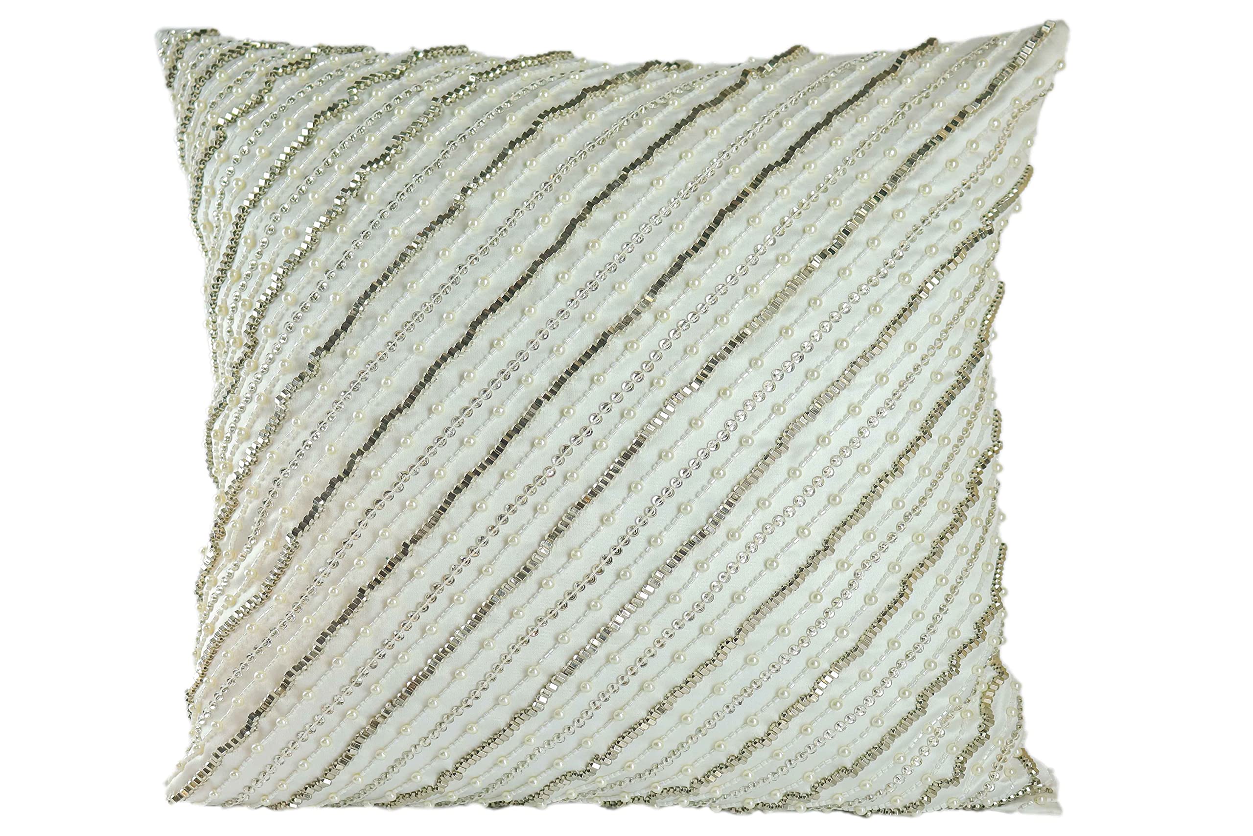 KGN Home Decor Satin 144 TC Pillow Cover with Elegant Design and Antique Work (KGN_38, White with Silver Beads, 18x18 Cm, Pack of 1)