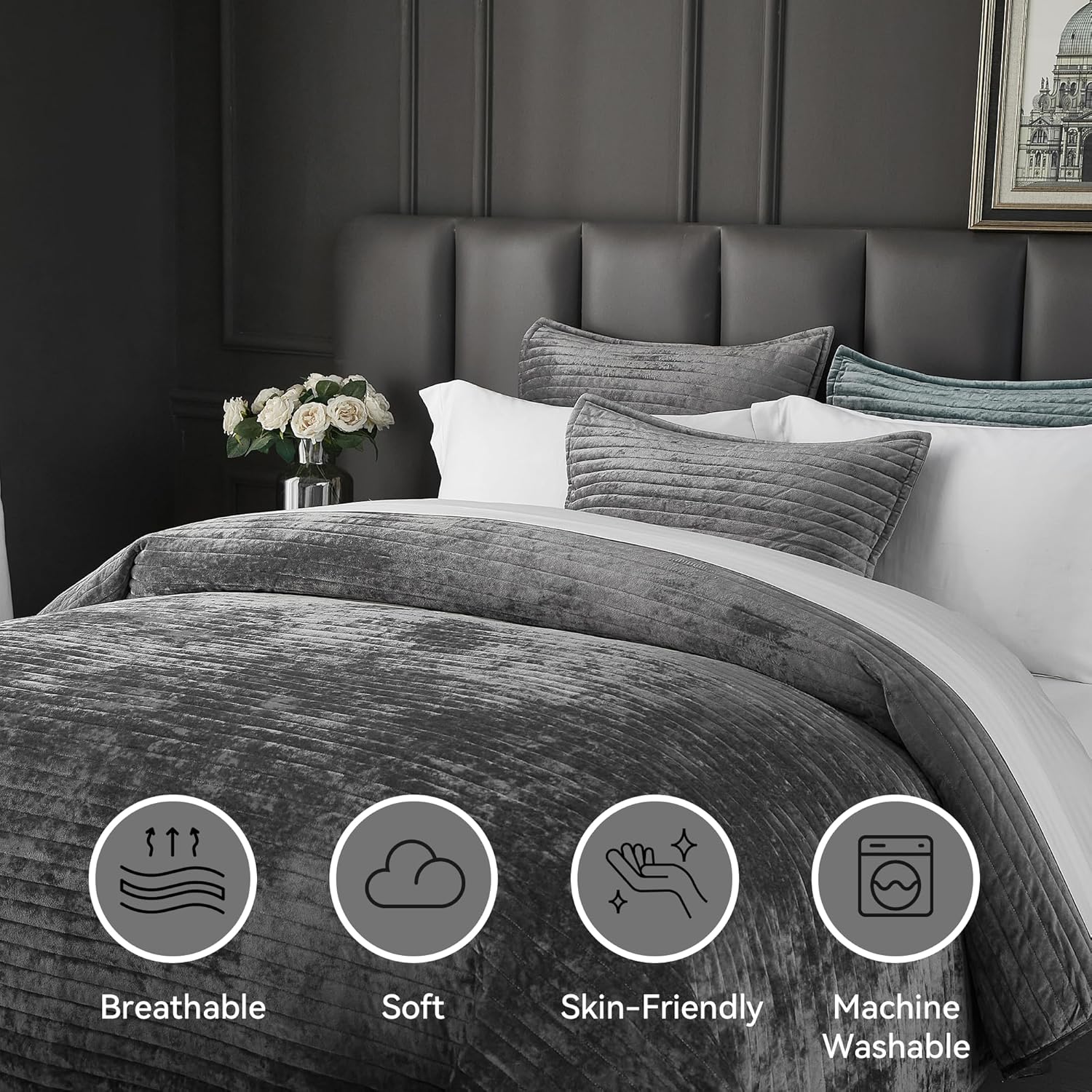 weigelia Velvet Quilts King Size Luxurious Soft Coverlet Striped Bedding Set Gray Quilt Set with 2 Matching Pillowcases, for All Season - Image 2