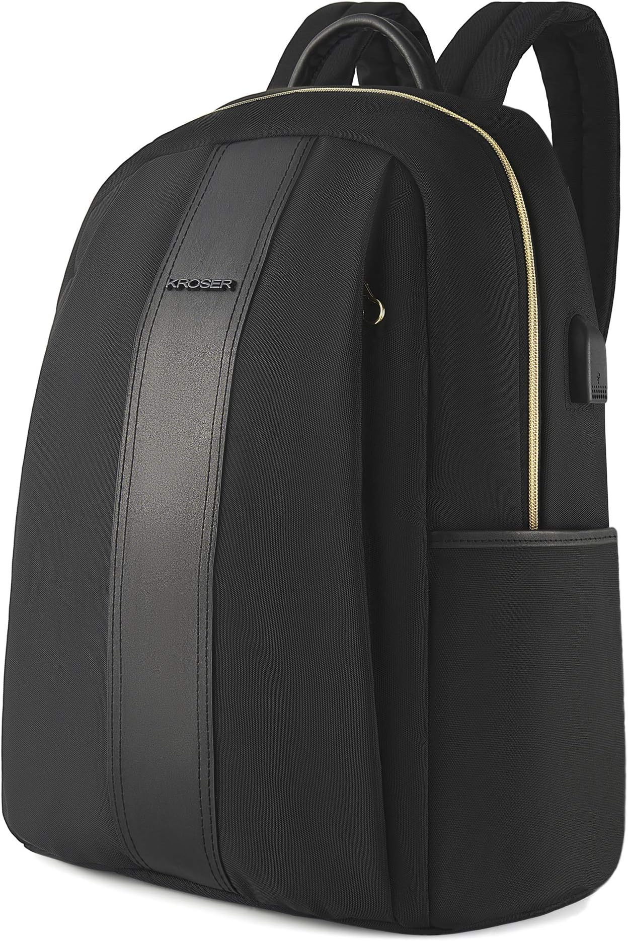 KROSER Laptop Backpack 15.6 Inch Fashion School Computer Backpack Water-Repellent Nylon Casual Daypack with USB Charging Port for Travel/Business/College/Women/Men-Black