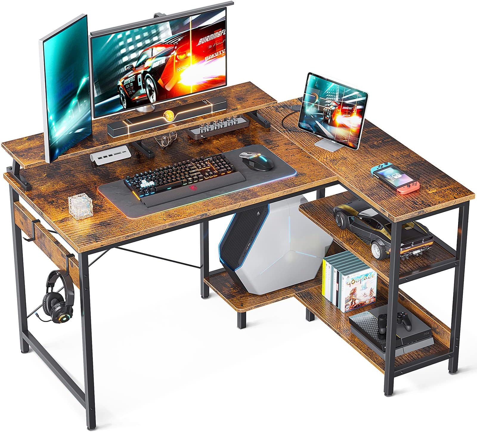 Bureau En L LED ODK Bureau Gaming LED En L 150×120cm - Étagère Réversible Prises USB Rangement Brun Vintage Bureau En L Gaming Bureau En L LED ODK Bureau Gaming LED En L 150×120cm - Étagère Réversible Prises USB Rangement Brun Vintage Bureau En L Gaming