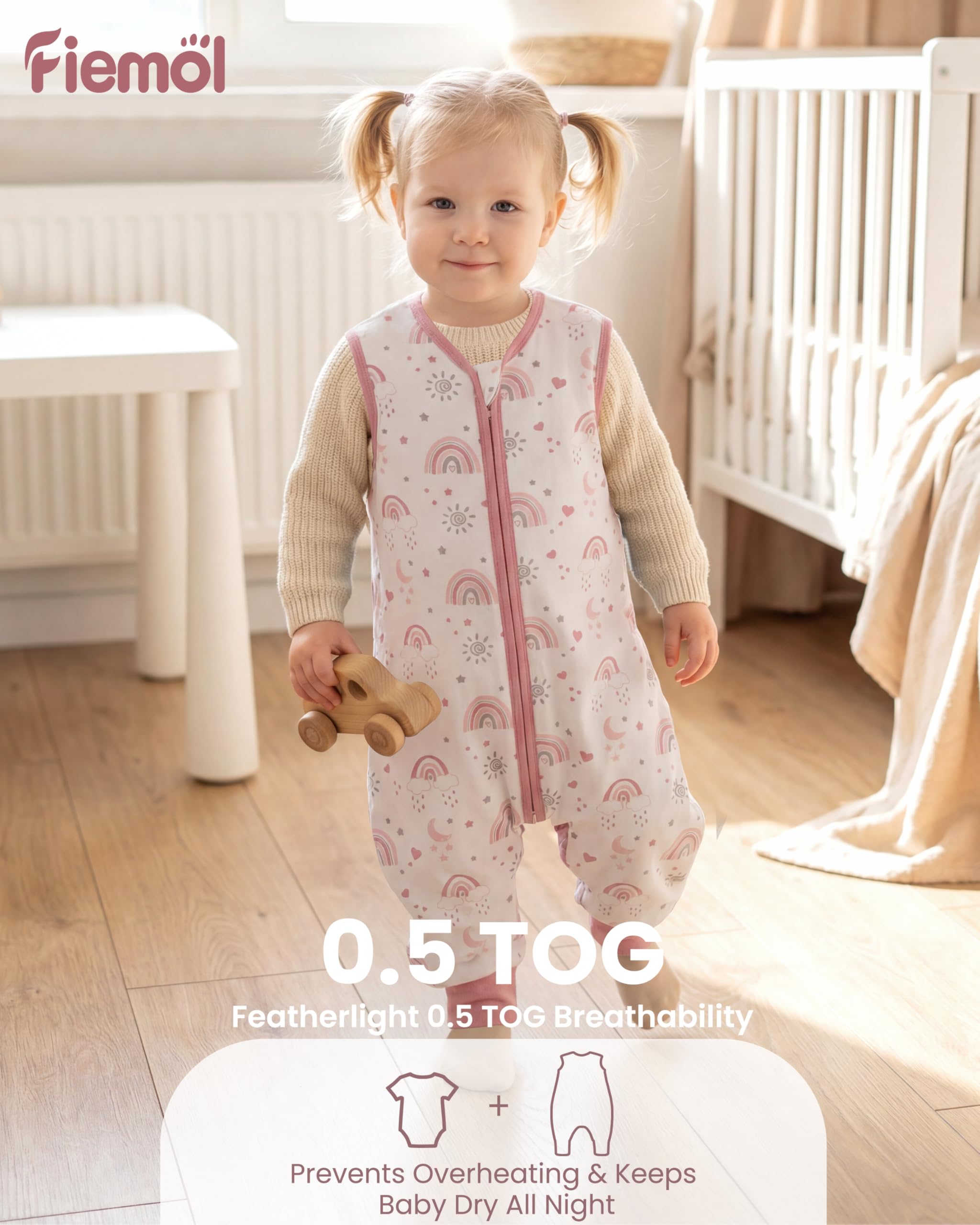 Saco de Dormir con Piernas 6-18 Molis Saco de Dormir Bebe Verano Tog 0,5 100% Algodón Saquito de Dormir niño con pies Arcoíris rosa