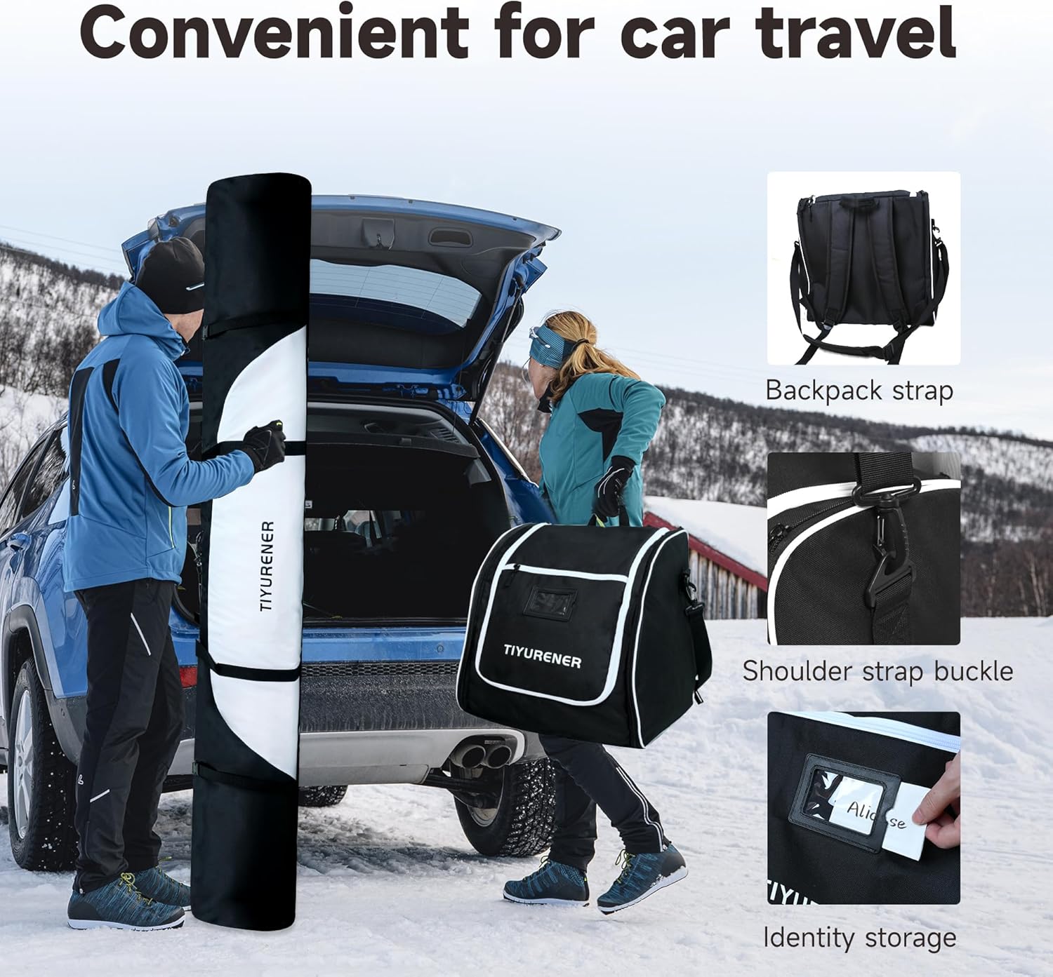 Padded Ski Bags for Air Travel, Ski Bag and Ski Boot Bag Combo, Water- resistant Ski Travel Bag Fits for Skis Up to 190 CM and Boots Up To Size US13. Black & White