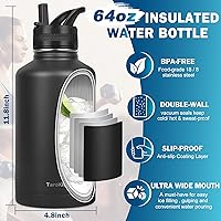 Vista 3 de TaroKitc Botellas de agua aisladas de 64 onzas con popote, 2 tapas, botella de agua deportiva de acero inoxidable aislada al vacío de medio galón