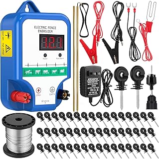 8 Mile Electric Fence for Livestock, 12kv 2J Electric Fence Charger 50 Black Insulator 1 Socket Tool 250ft Aluminum Wire for Predators Deterrent Farm Fencing System(LCD Display Ver.,Blue)