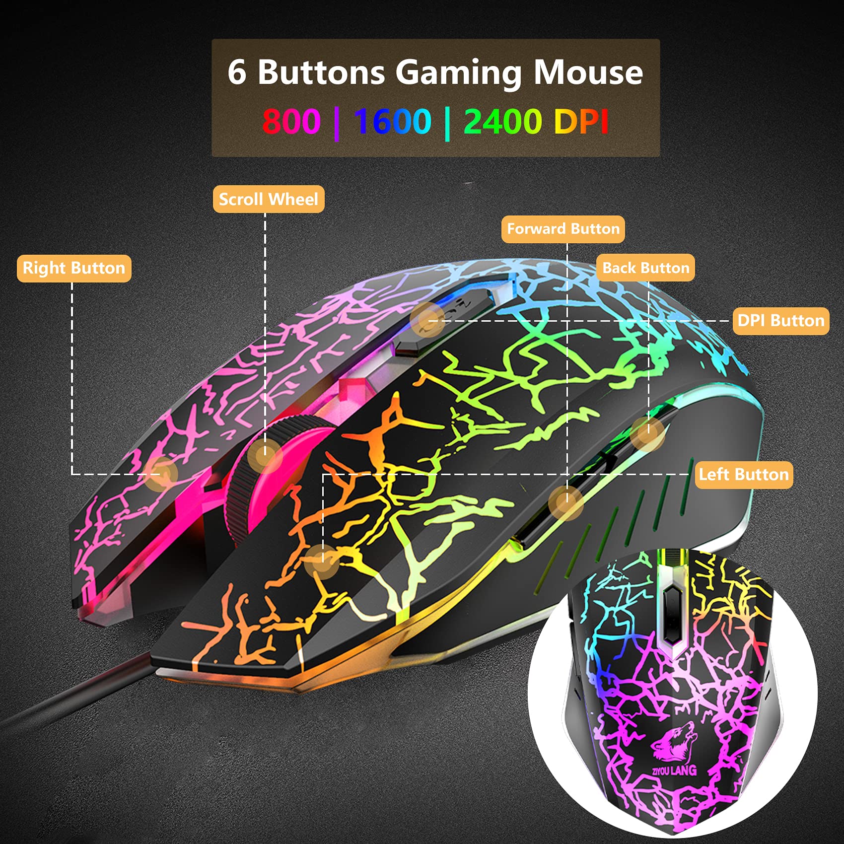 Tastiera e Mouse da Gioco con Poggiapolsi, Layout Tedesco QWERTZ Gaming Tastiera Retroilluminato LED Colore Arcobaleno, Mouse 6 Tasti 2400 DPI e Tappetino per Mouse, USB Cablato per PS4 XBox, Nero
