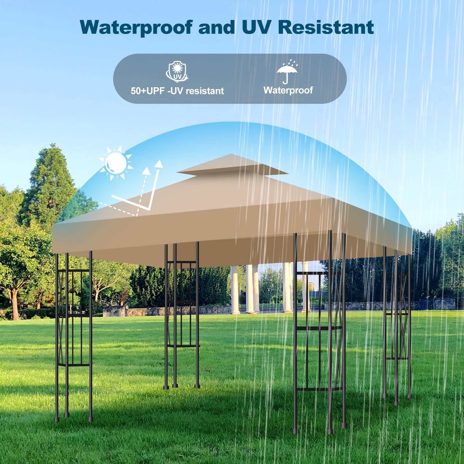 Telo Gazebo 3x3 m Impermeabile Anti-UV, 2 Livelli Tetto di Ricambio per Gazebo, Tenda da Sole Gazebo Rimovibile, 300D Poliestere Telo Ricambio Gazebo per Giardino, Patio, Esterni (Cachi)
