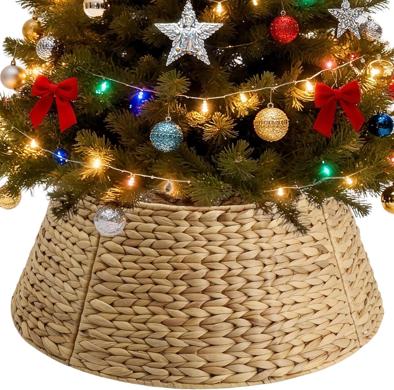 Joyhalo 27" Christmas Tree Collar for 6-9 FT Tree with Cord Out, Natural Water Hyacinth Rattan Ring, Base Protection from Pets Normal Design