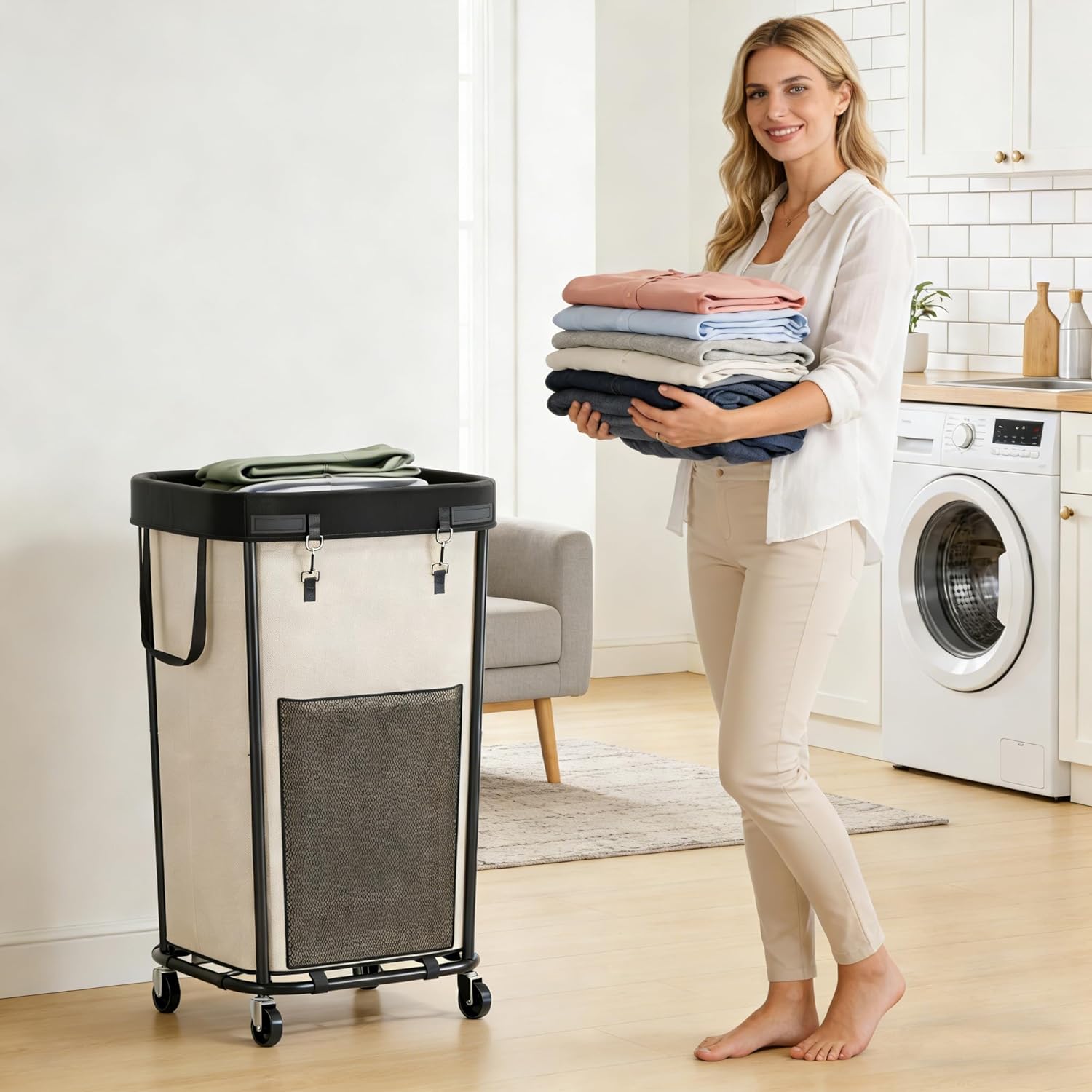 Laundry Basket with Lid and Wheels Rolling Laundry Basket, Removable Laundry Bag Design for Daily Use in Bathrooms and Laundry Rooms (Cover White, 160L)
