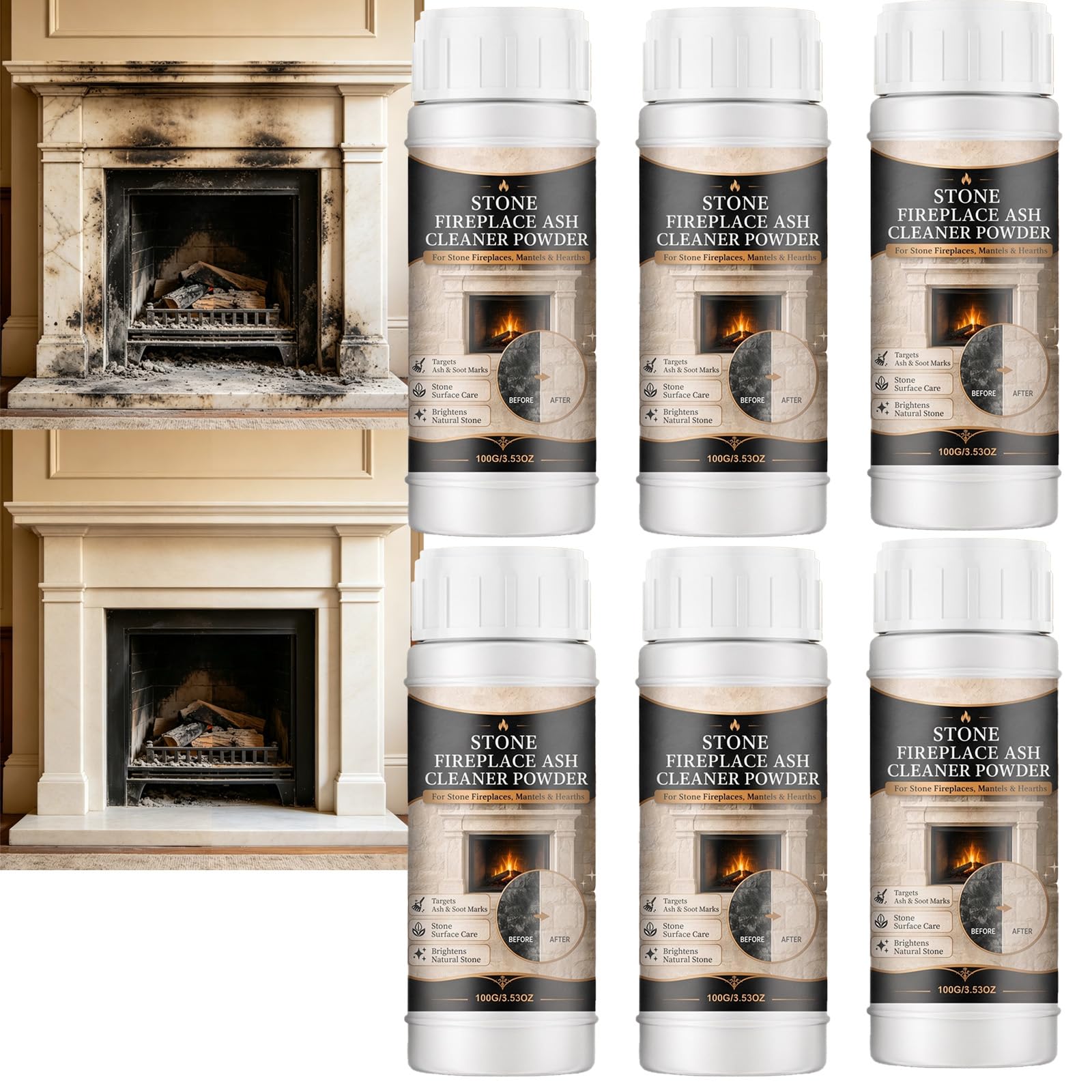Poudre nettoyante pour foyers en pierre (pierre naturelle et âtre) ; poudre removeles taches de suie et de fumée (calcaire, travertin, brique, carrelage) ; pou-dre de nettoyage pour cheminée (6pcs)