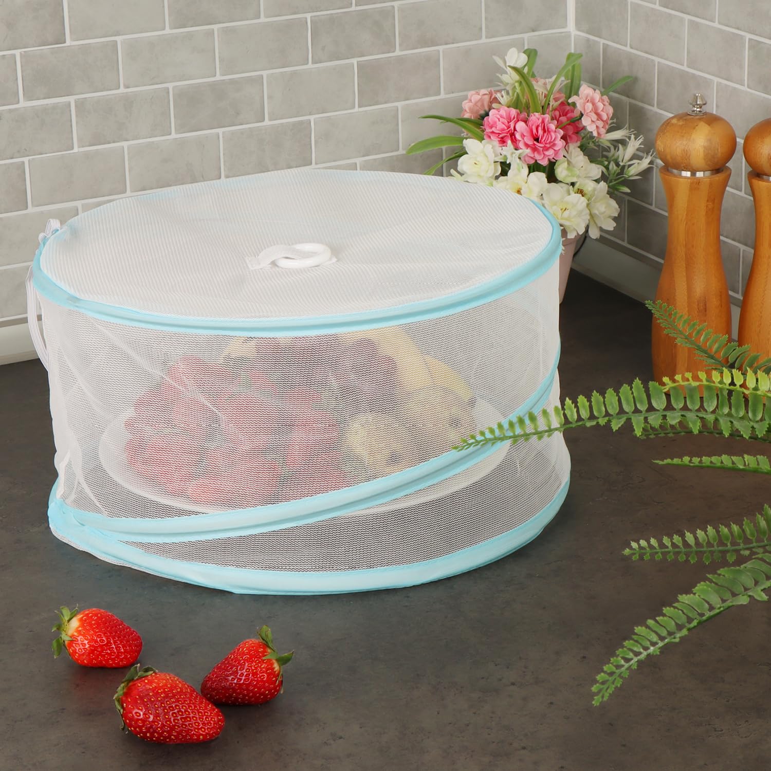 COM-FOUR® 4x coperture antimosche pop-up - coperture per alimenti - ombrelli alimentari pieghevoli in due misure - protezione dagli insetti - copertura in rete (4 pezzi - bianco/blu/verde)