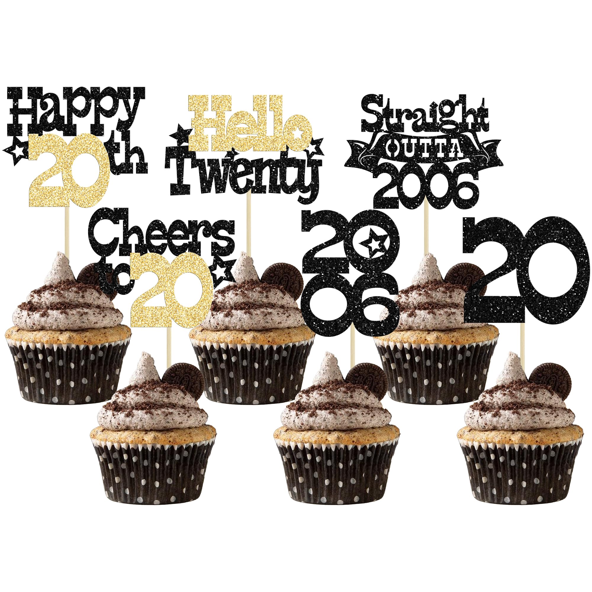 Ephlyn 30Pcs Straight Outta 2006 Cupcake Toppers Glitter Twenty Happy 20th Birthday Cupcake Picks Cheers to 20 Years Cake Decorations for 20th Birthday Anniversary Party Supplies Black Gold