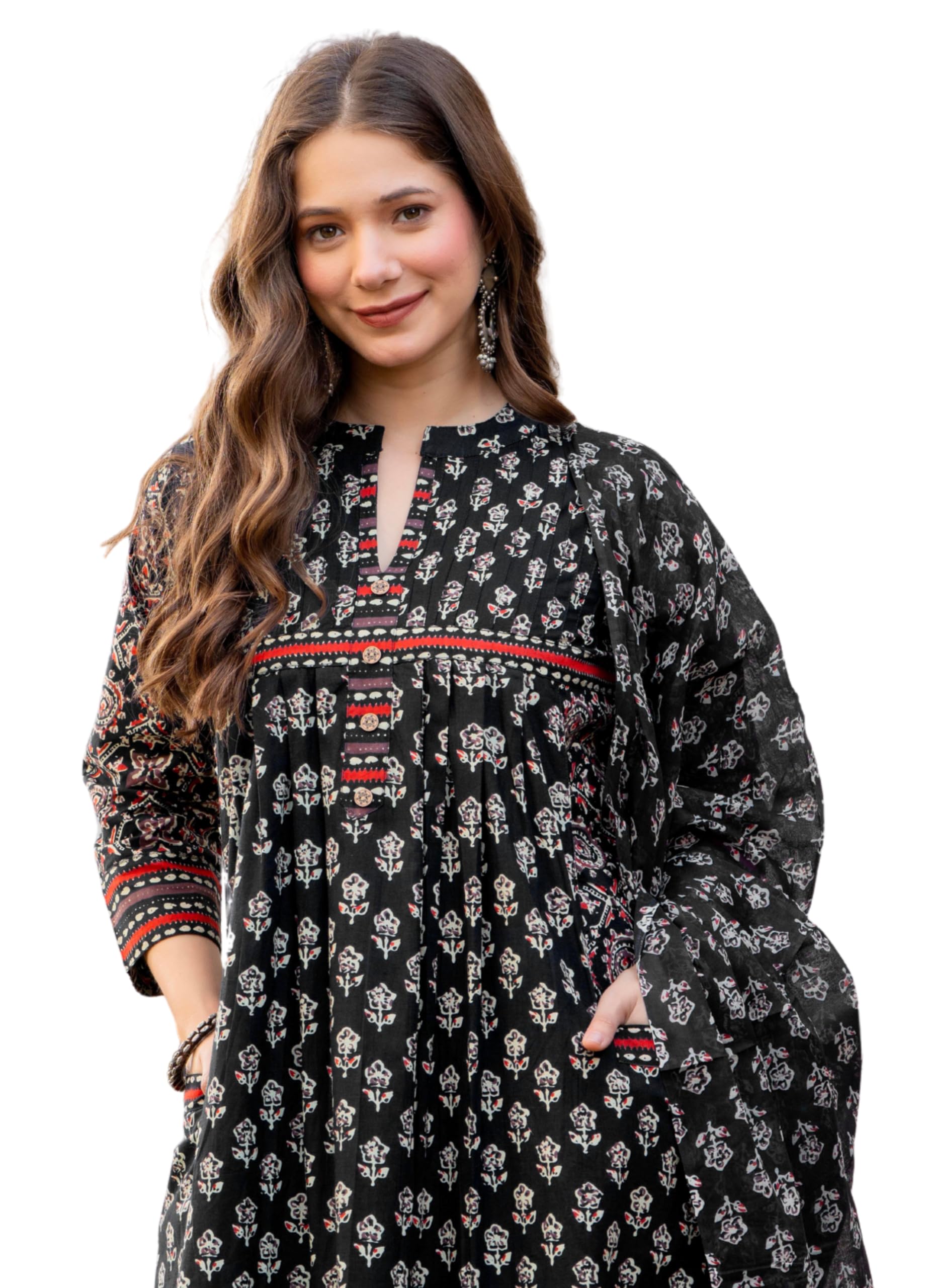 Amayra Women's Pure Cotton Printed A-Line Kurta Set with Palazzo Pants & Dupatta- Ethnic Wear