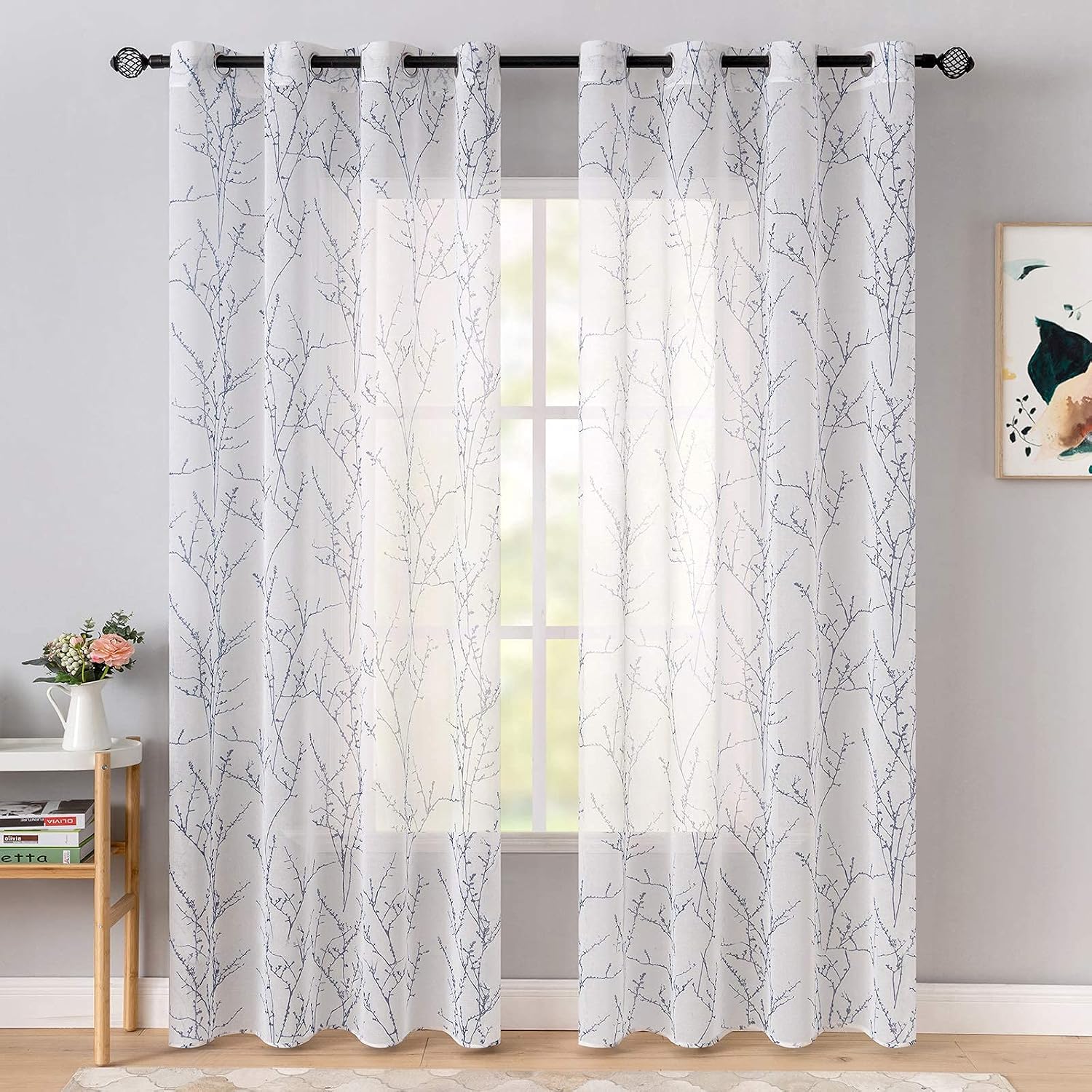 MIULEE White and Blue Tree Branch Print Semi Sheer Curtains 84 Inches for Living Room Window 2 Panels Bedroom Linen Texture Semi Sheer Drapes Grommet Top,52" W