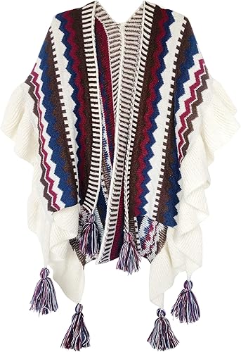 Urban CoCo Poncho de punto étnico con borlas estilo bohemio para mujer