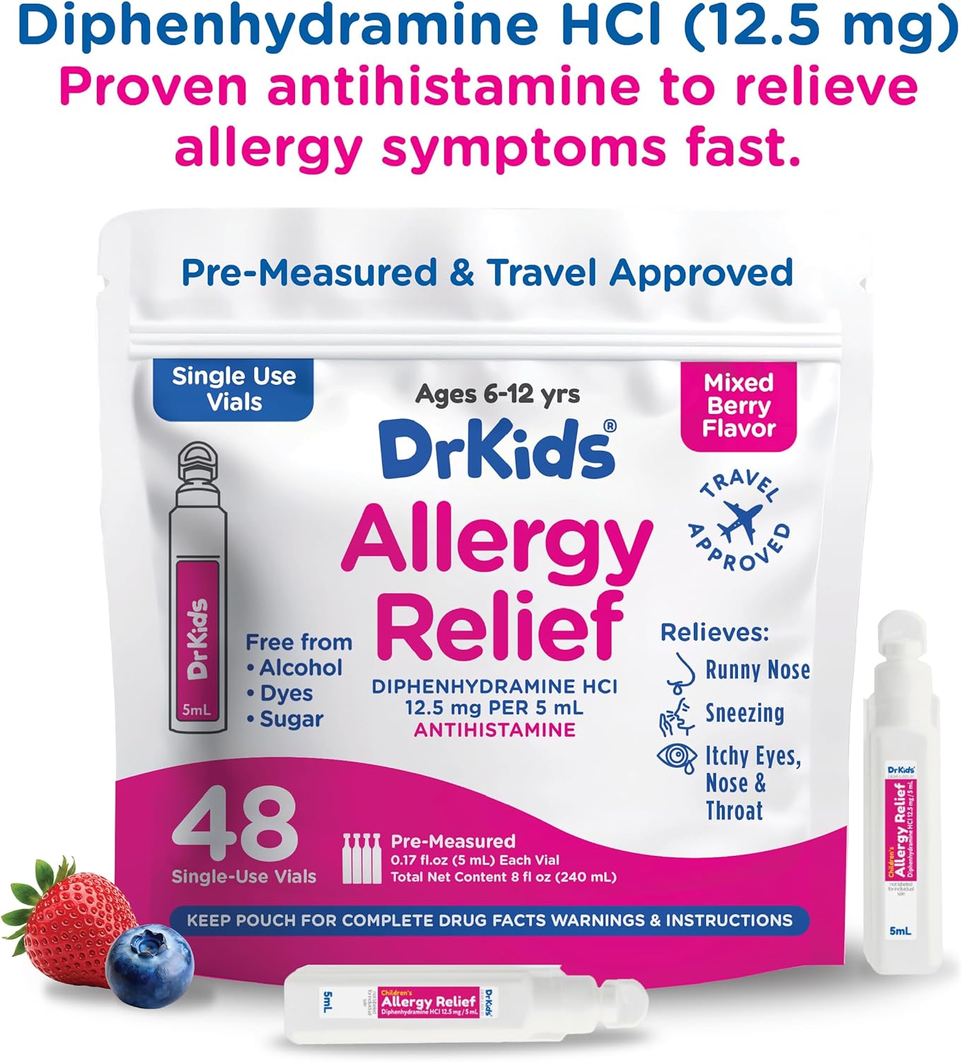 Dr. Kids Children's Allergy Relief Medicine with Diphenhydramine HCl 12.5 mg - Pre-Measured Single-Use Vials, Kids Antihistamine for Sneezing, Runny Nose & Itchy Eyes, Mixed Berry Flavor, 48 Count - Image 6