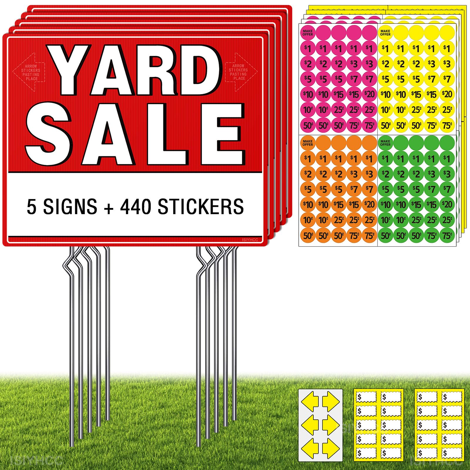 Photo 1 of ***MISSING STAKES****5-Pack Yard Sale Signs with Metal Stakes & 440 Price Stickers - Large 17x13" Double Sided Garage Sale Sign Kit, Complete Supplies with Weatherproof Directional Arrows