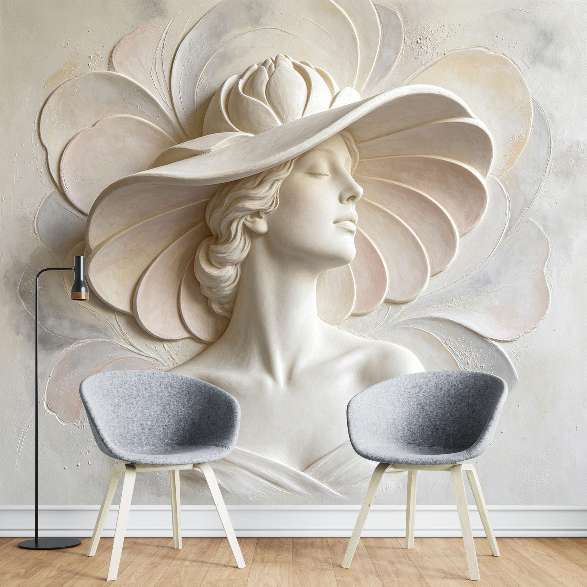 Papier Peint Intissé Fresque Murale Représentant Une Femme Élégante Coiffée D'Un Chapeau À Larges Bords Fleuri 200 x 140 cm Effet Photo 3D Moderne Décoration Fresque Murale pour Salon et Cham