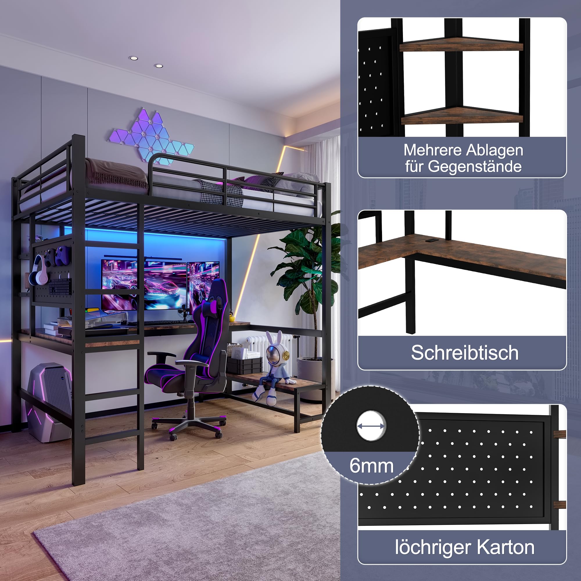 Lubvtti Cama alta 90x200, con escritorio, toma USB+TYPE-C, tira LED, estantes, panel perforado, cama apilable para niños, estructura de cama infantil de hierro (B-Negro)