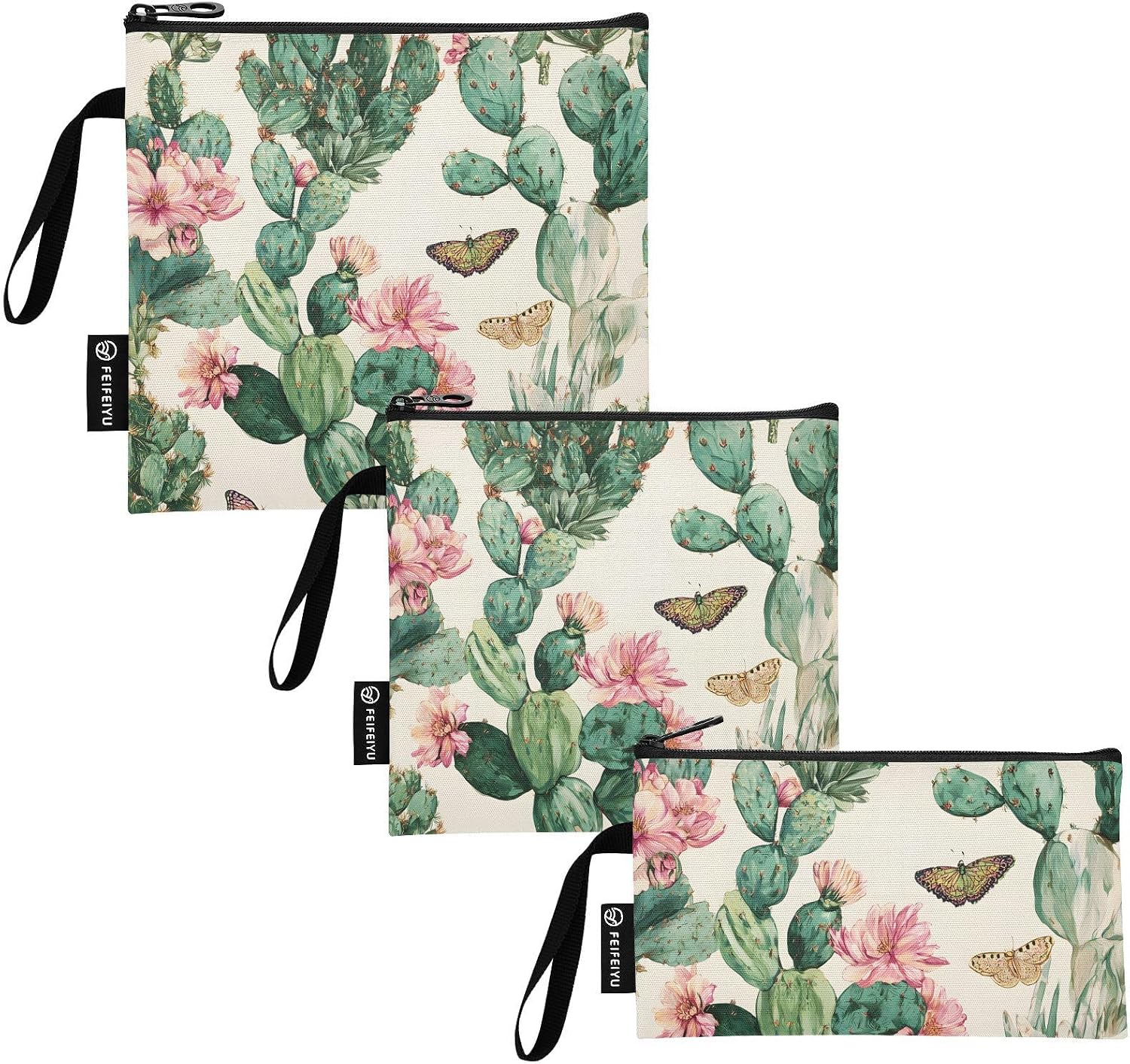 Reusable Sandwich and Snack Bags, Cacti and Butterflies Pattern for Adults or Lunch, Washable Fabric, Waterproof Cloth Zip Bag, Travel Pouch, Food-Safe Storage 3-pk