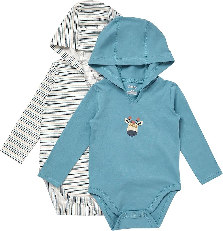 Hanes Baby Pure Comfort Long Sleeve Hoodie Bodysuits, Infant Bodysuits, Unisex, 3-pack