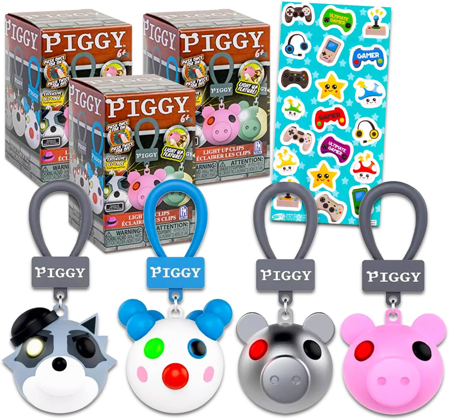 Piggy Blind Box Party Favors - 3 Pk Piggy Mystery Light Up Keychain Plus Pin | Piggy Mini Figure Clip Toys for Kids Bundle