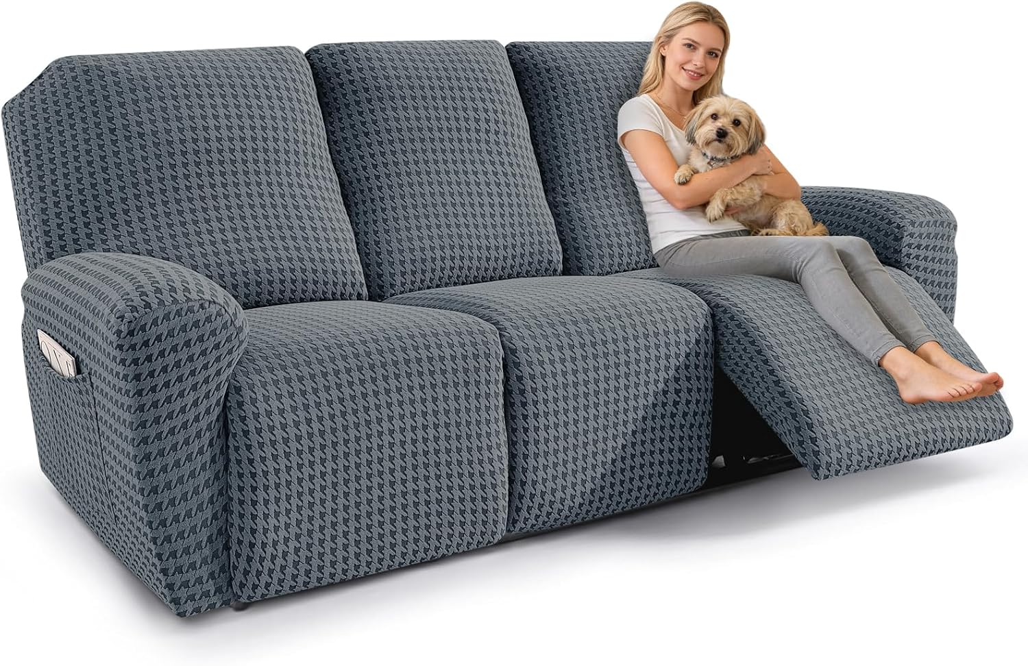 MAXIJIN Recliner Couch Cover, 5-Pieces Stretch Recliner Sofa Covers 3 Seater Reclining Couch Slipcovers Washable Furniture Protector with Pocket & Elastic Band (Dark Gray)