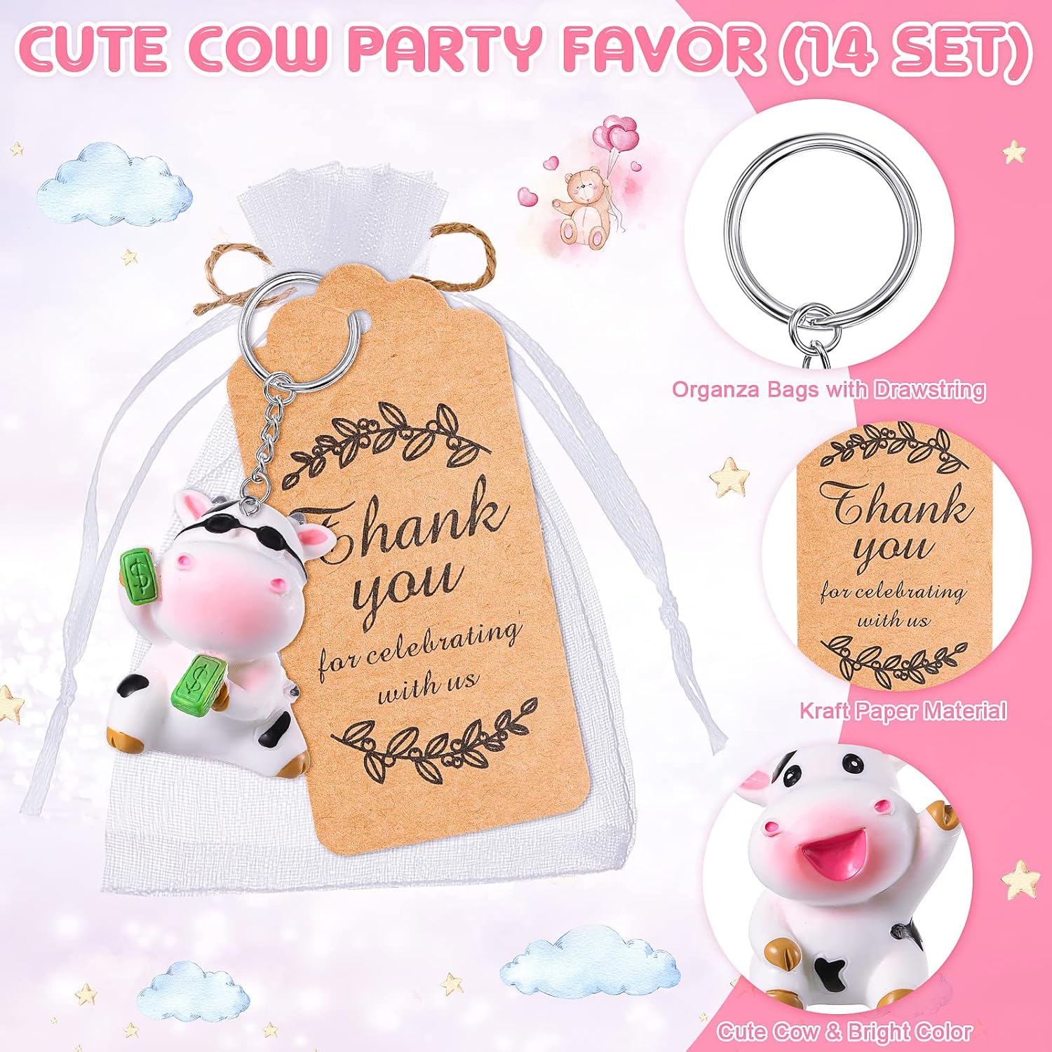 48 Sets Cow Keychains Party Favors for Kids with Organza Bags Thank You Tags Cute Baby Shower Keychain Return Favors Exchange Gifts for Gender Reveal, Classroom Rewards, Cow Themed Party Supplies