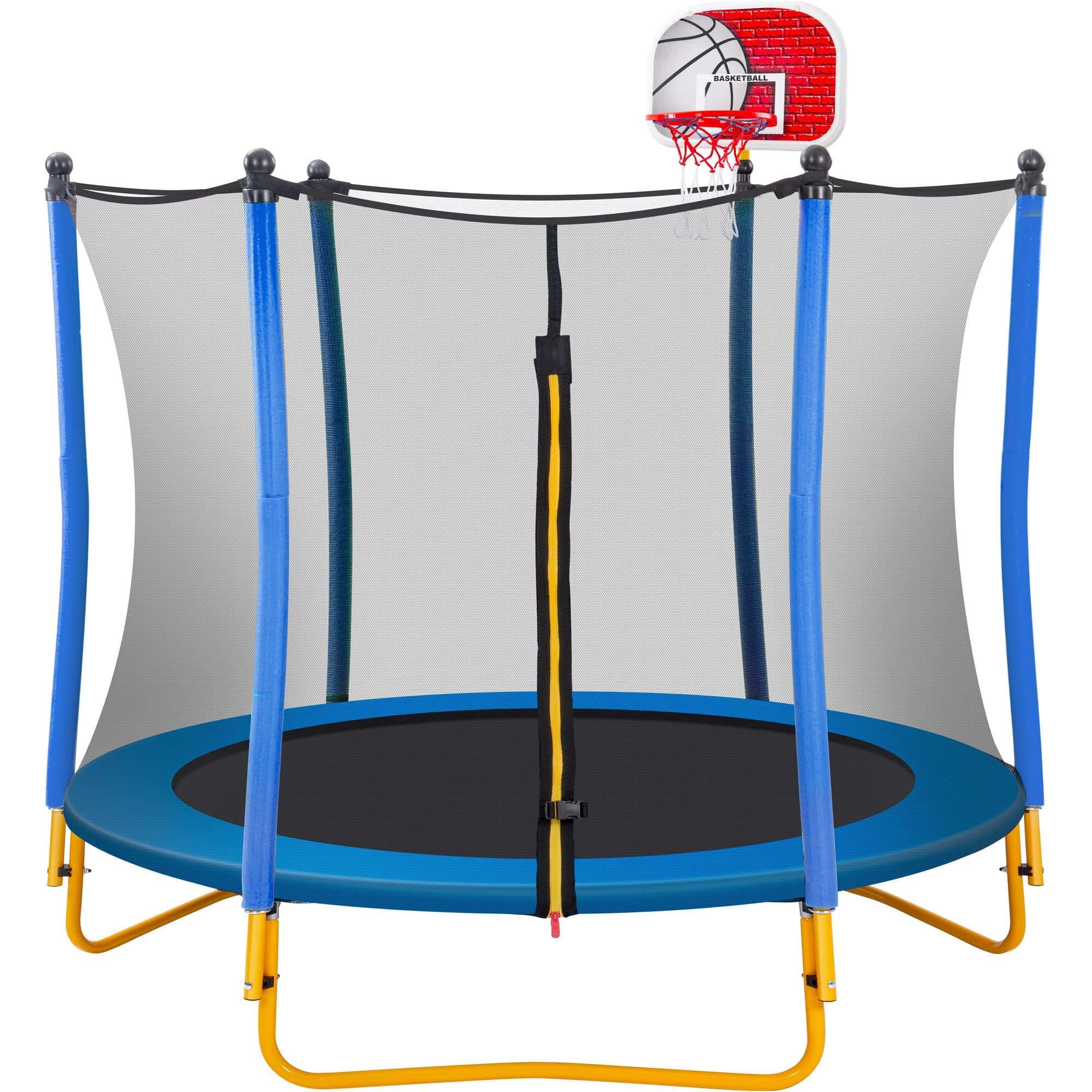 Merax 66'' Trampoline for Kids with Basketball Hoop, Rubber Ball and Enclosure Net, 5.5FT Mini Small Toddler Trampoline Indoor Outdoor for Kids Age 1-8 Birthday Gifts
